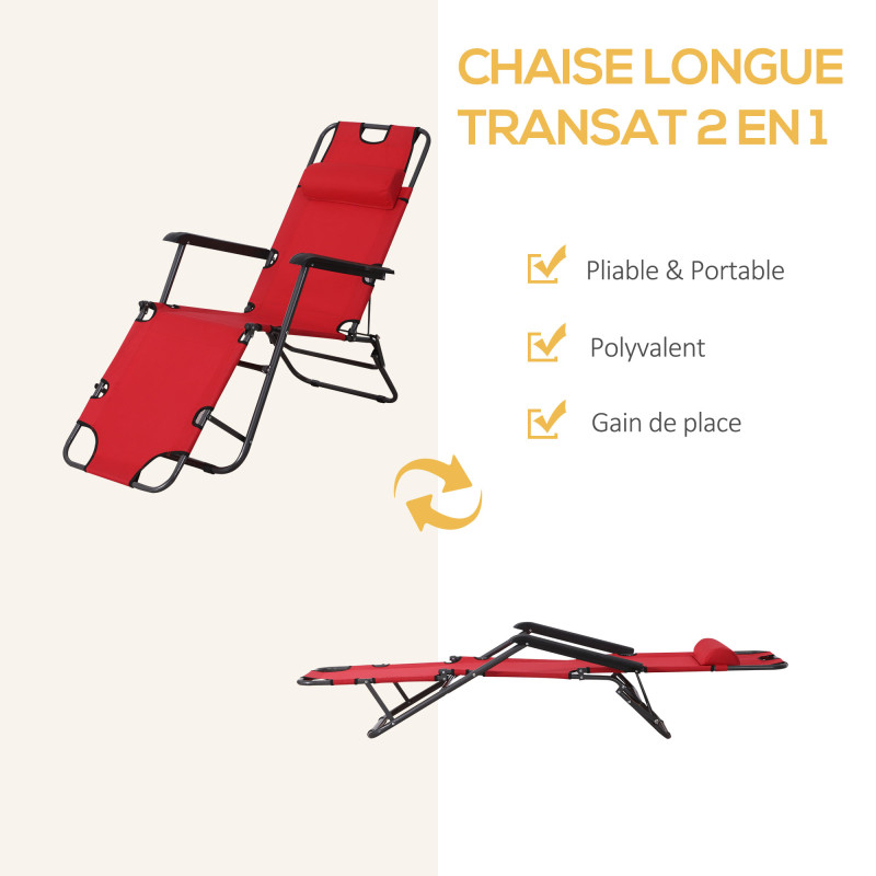 Chaise Longue Transat 2 En 1 Gina Rouge à Prix Carrefour