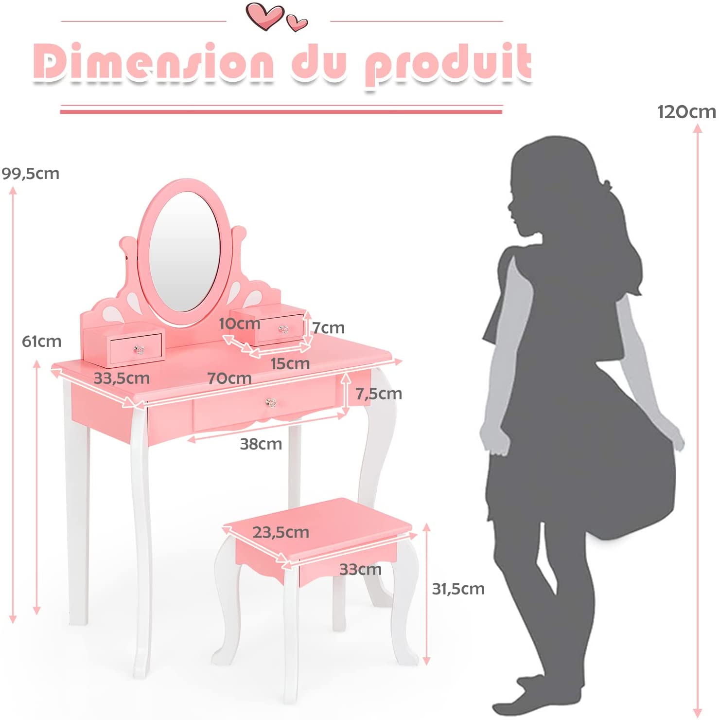 Coiffeuse Avec Tabouret Pour Enfants De Style Princesse Avec Miroir Pivotant À 360° Amovible