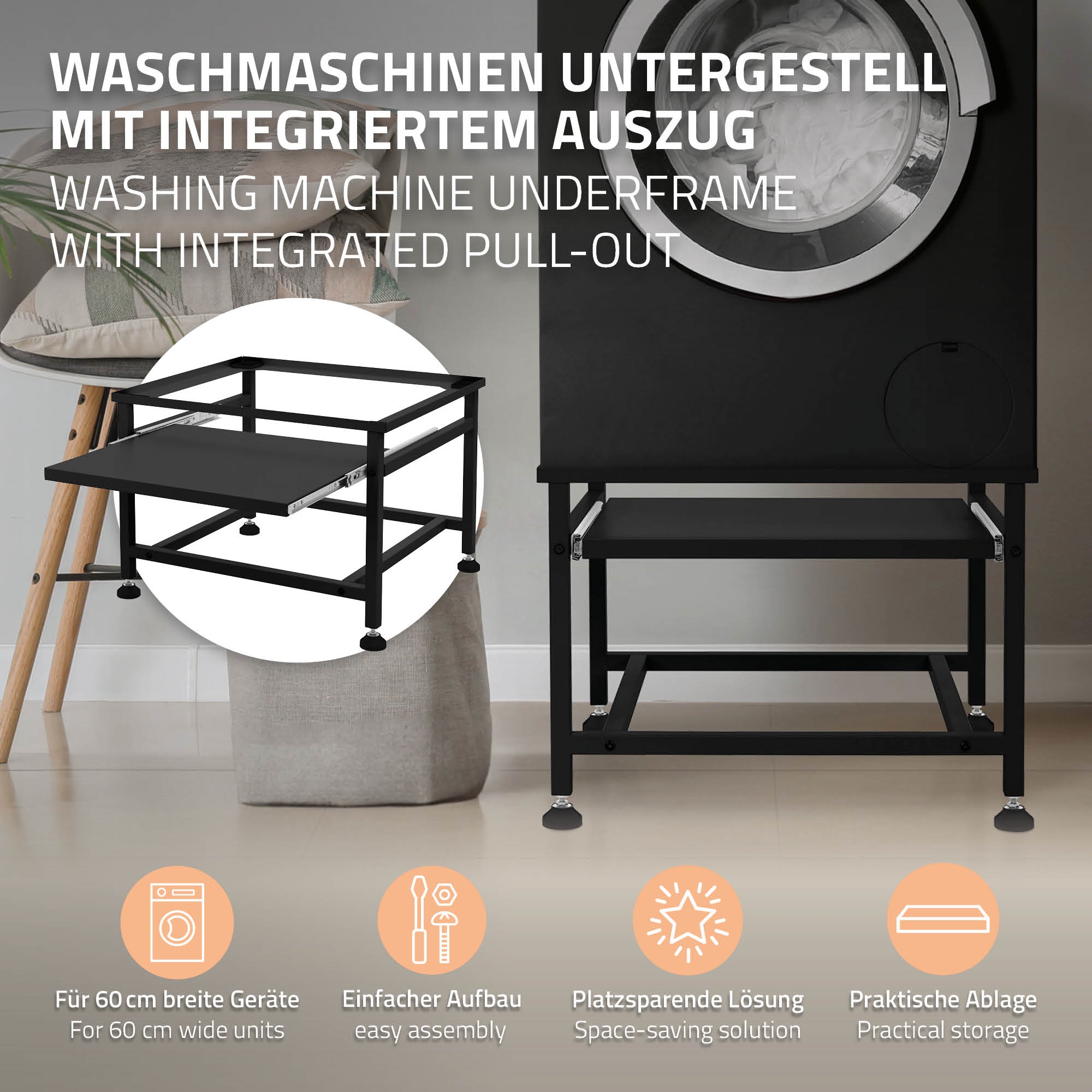 ML-Design Socle pour Machine à Laver Double avec 2 Étagère, Acier, Noir, 128x54 cm, 2x150kg, Support Lave-Linges Standard, Pieds Antidérapants, Support Base de Lave-Linge, Estrade de 32 cm de Hauteur
