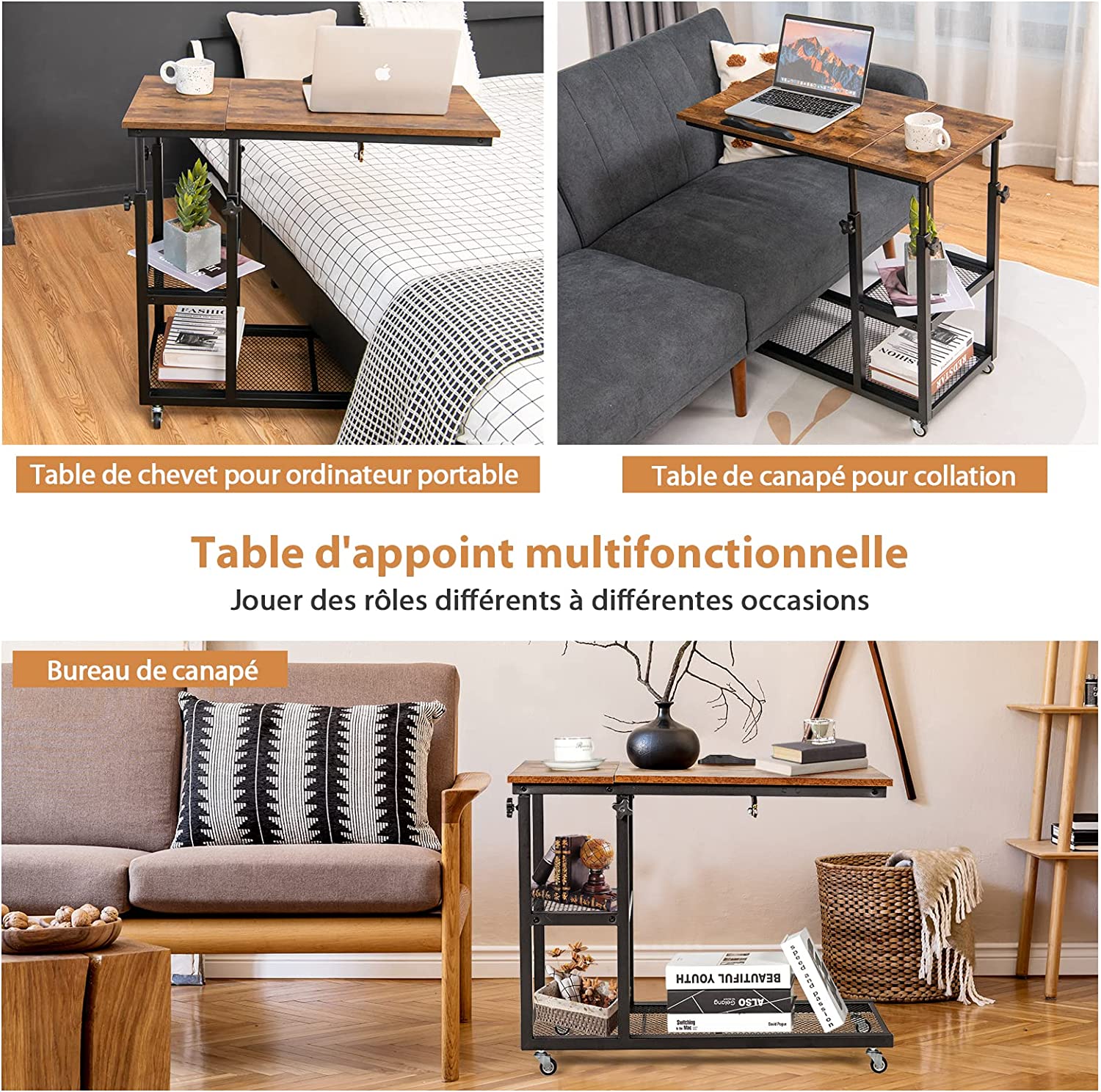 Costway Table D’appoint En Forme De C, Plateau Réglable, Roulettes Verrouillables