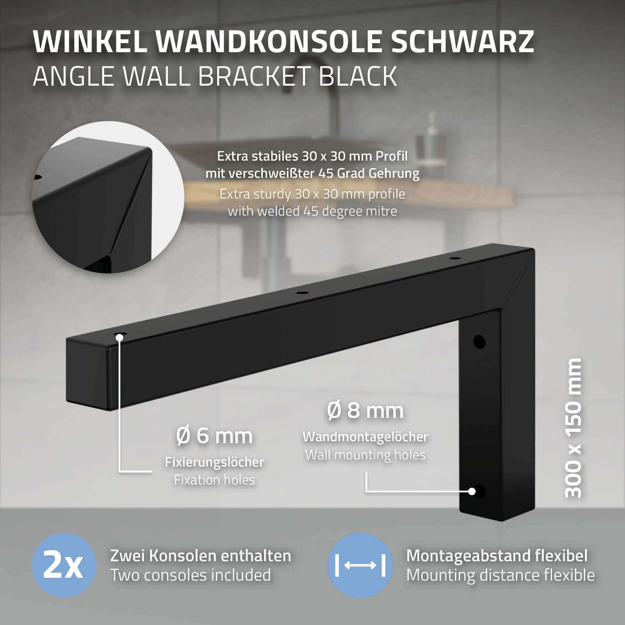Set 2x Consoles Murales Équerre Supports D'étagères En Acier Noir 300x150x30 Mm