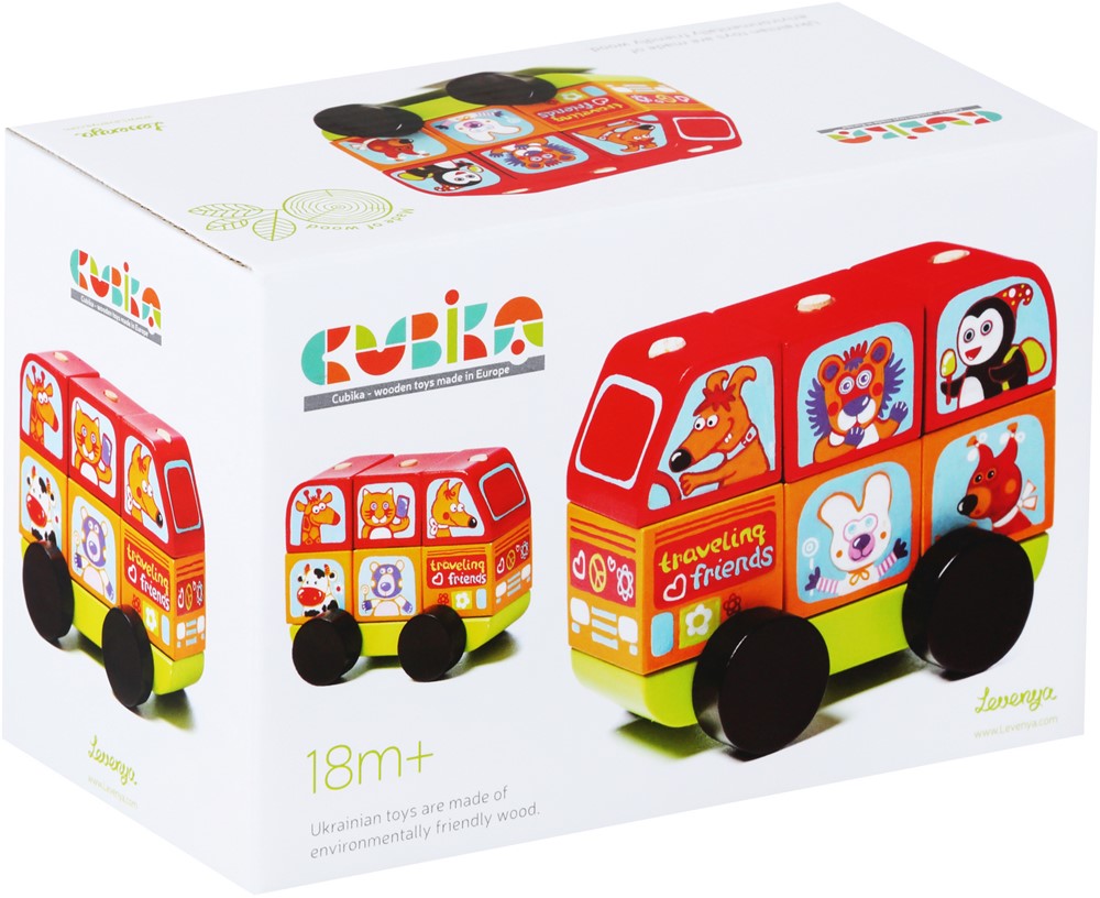 Figurine De Triage En Bois Cubika Mini Bus Joyeux Animaux