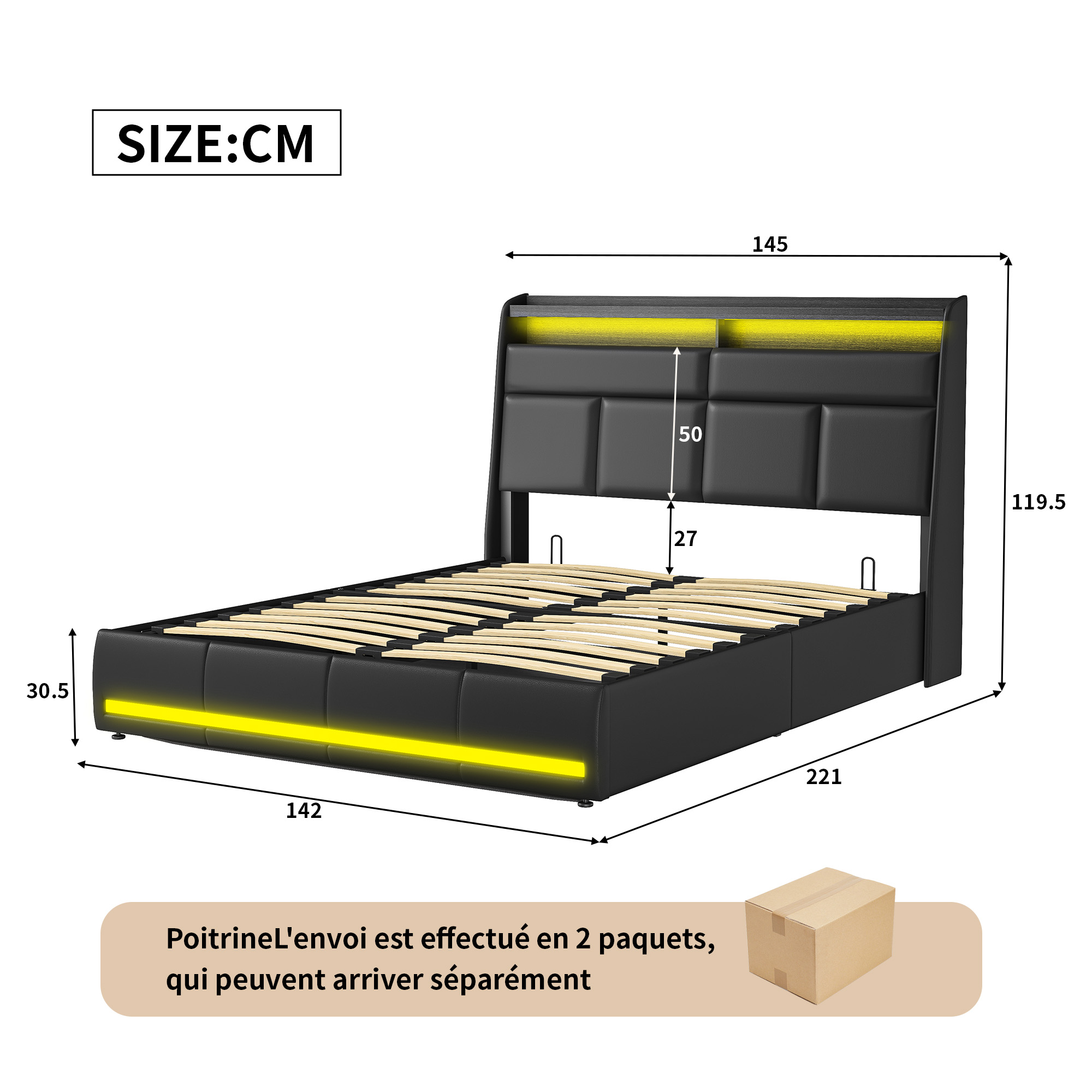 Lit Coffre 140x200 Avec Sommier Et Usb, Led, Cadre De Lit Avec Rangement Et Tete De Lit, Noir
