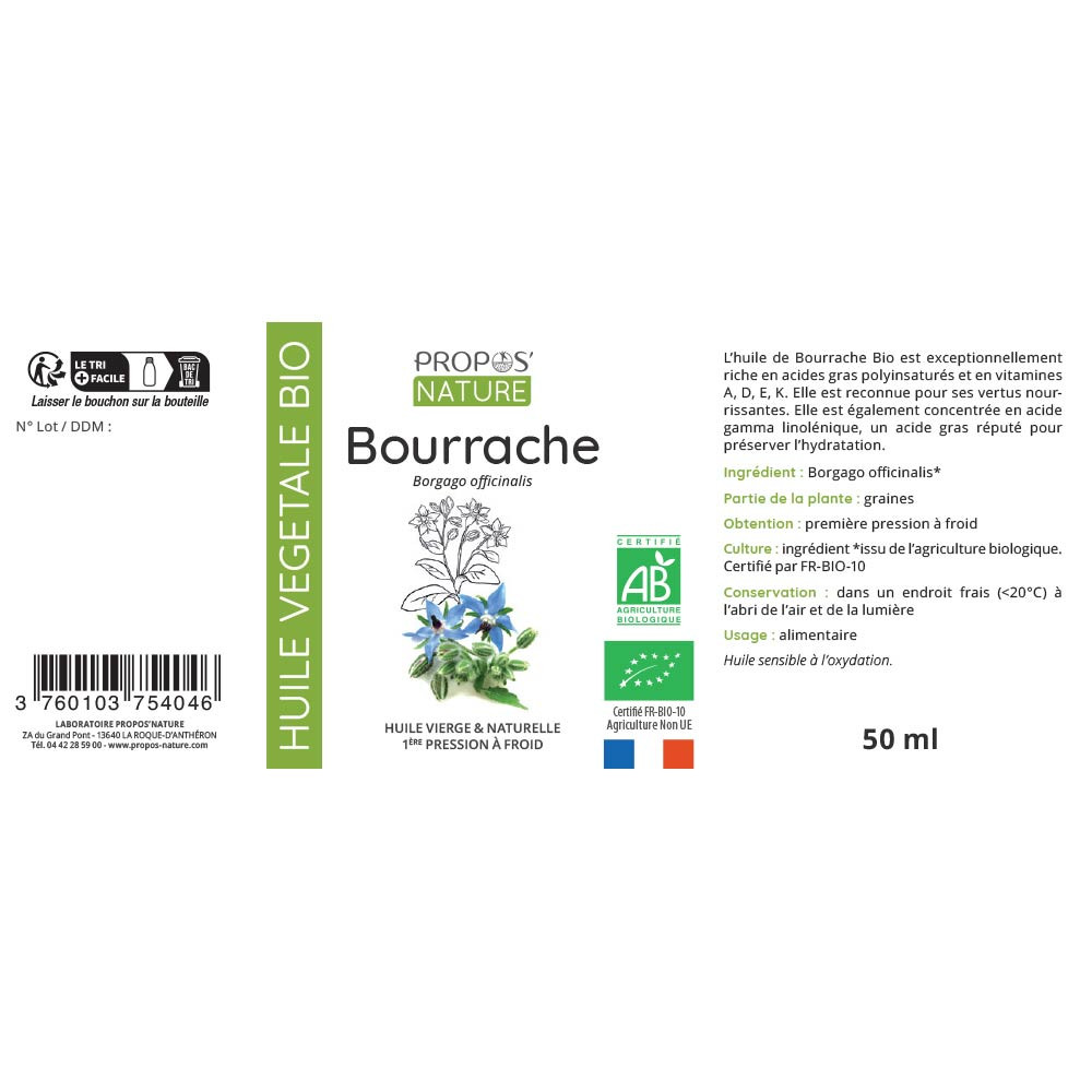 Bourrache Bio (ab) - Huile Végétale Vierge Contenance - 50 Ml 