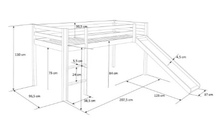 Lit Mezzanine Gris 90x200 Avec Toboggan Tour Echelle Et Rideau Etoiles