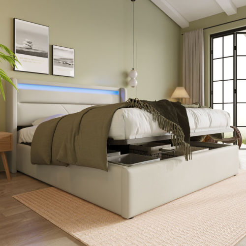 Lit coffre adulte 140x200cm avec éclairage LED et rangement