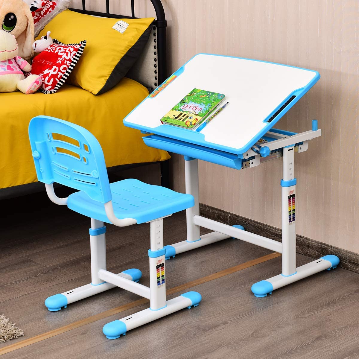 Ensemble Table Chaise Réglable Giantex Bureau Enfant Réglable GIANTEX Avec Chaise - Table Inclinable Et Lampe Intégrée Meuble Enfant Ergonomique
