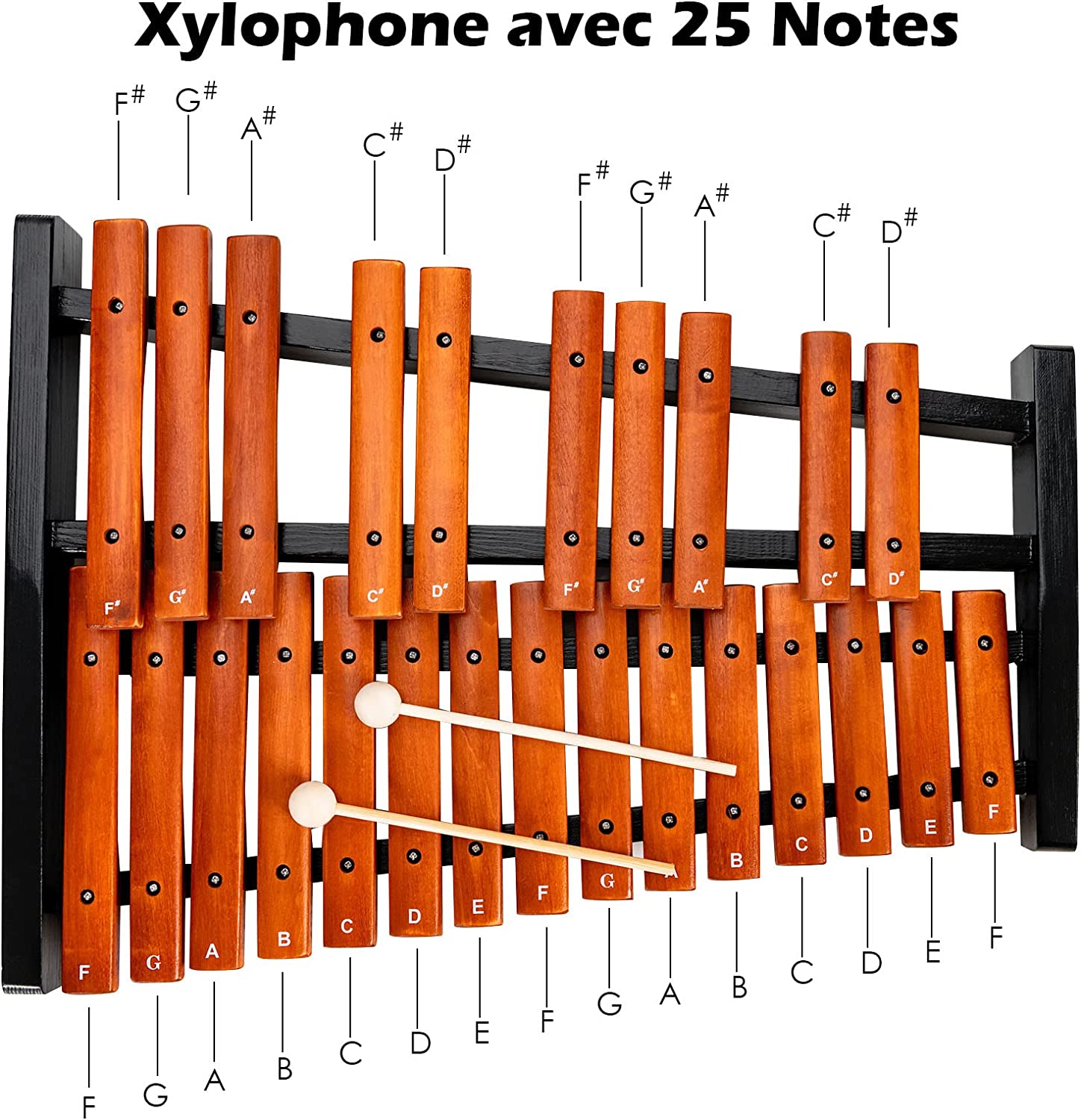 Glockenspiel Xylophone 25 Notes Portable Cadre Et Touches En Bois Avec 2 Maillets Et Sac