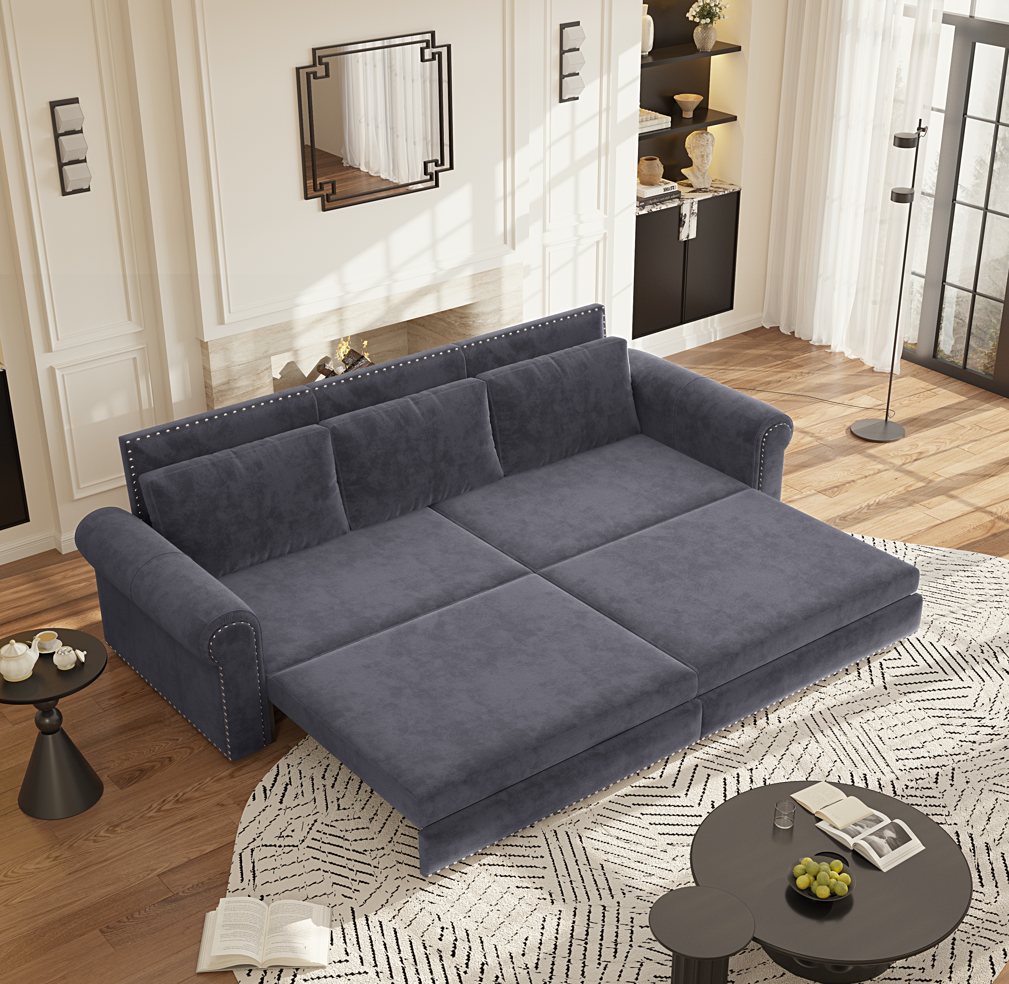 Canapé-lit 3 places gris en velours avec accoudoirs arrondis, 238 cm