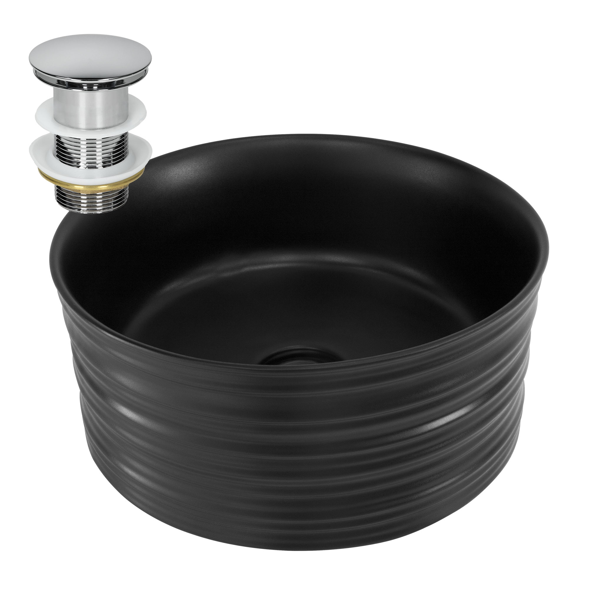 Vasque À Poser Céramique Noir Lavabo Avec Garniture De Vidage Chrome Ø410x180 Mm