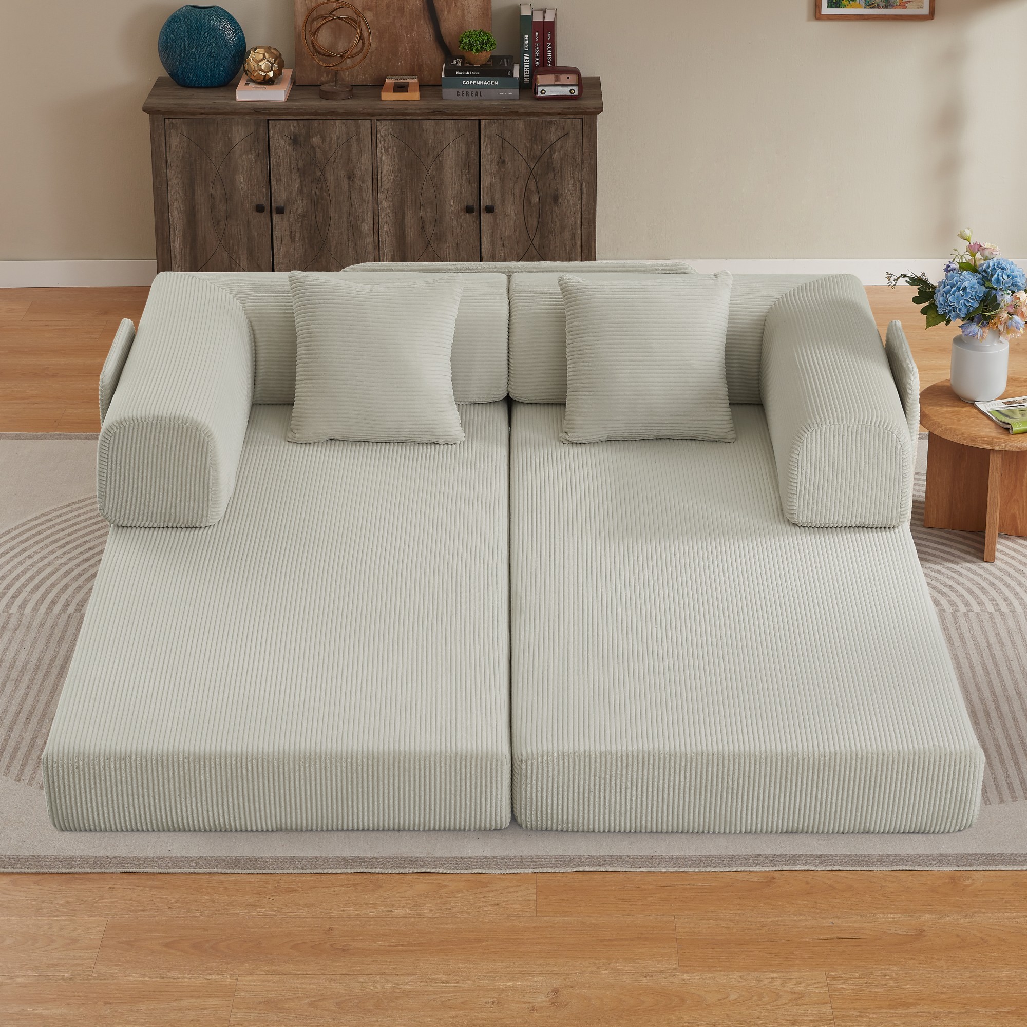 Canapé convertible beige en situation