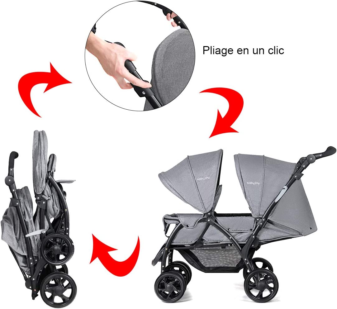 Costway Poussette Double Jumeaux Pliable Canne Landau Pour Bébé À 4