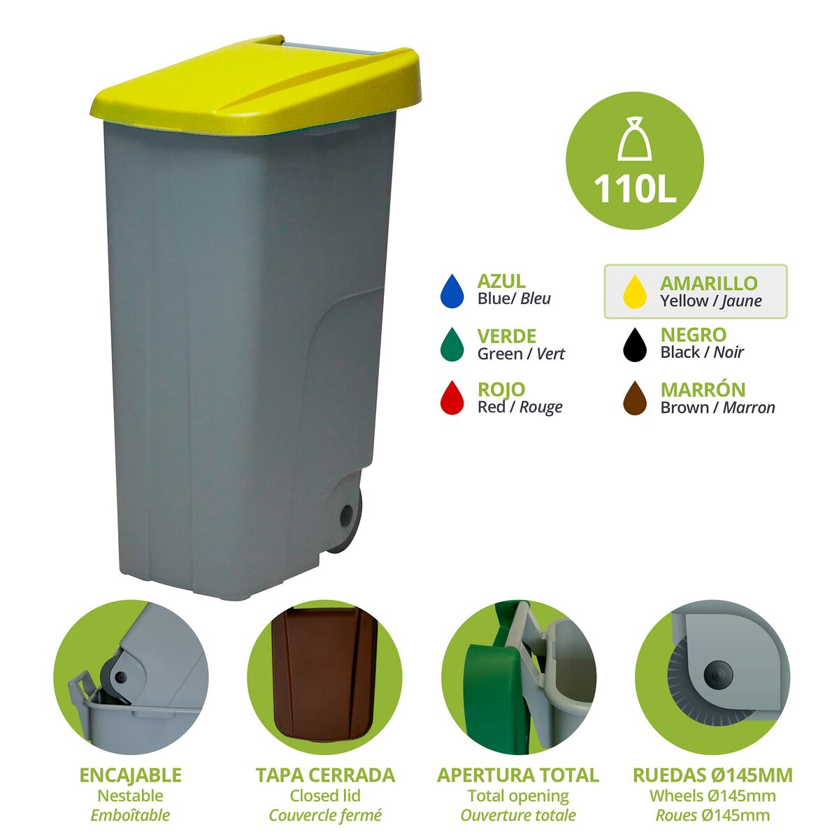 Poubelle Recyclage Denox Jaune 110 L (42 X 57 X 88 Cm)