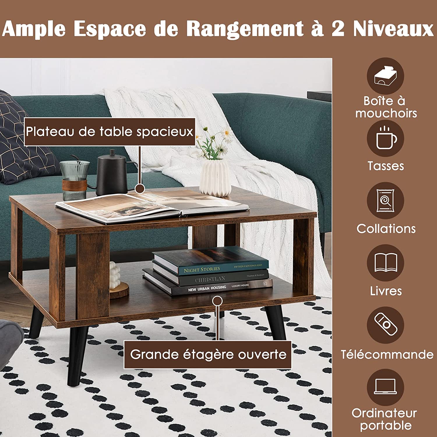 Costway Table Basse À 2 Niveaux, Table D'appoint Industriel 4 Jambes Patins Antidérapants