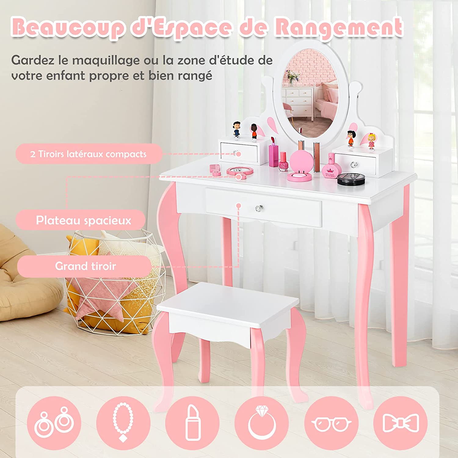 Coiffeuse Avec Tabouret Pour Enfants, Table De Maquillage En Bois Avec Miroir Pivotant À 360°