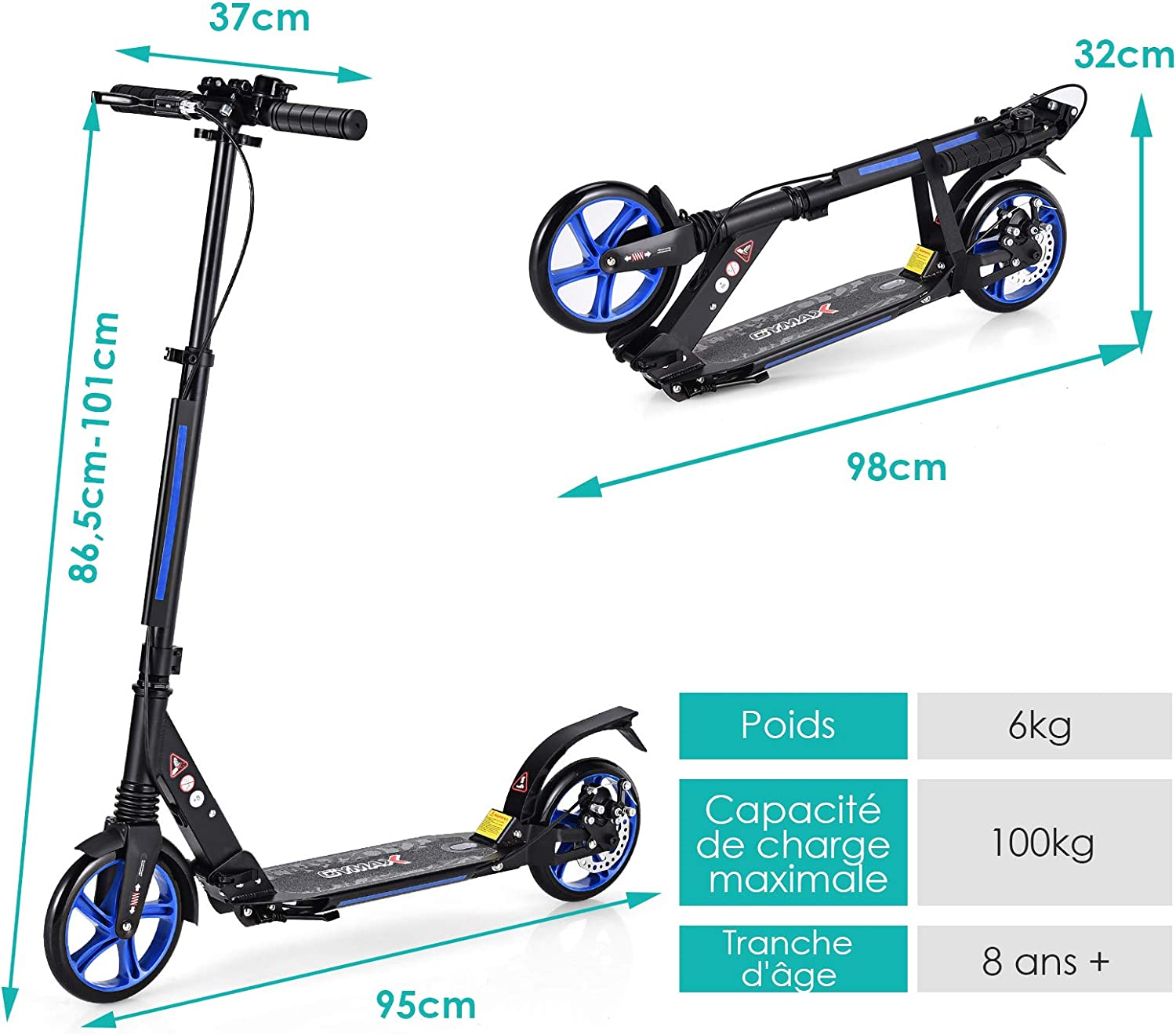 Costway Trottinette Pliable Avec Frein À 2 Roues Pour Enfant Plus De 8 Ans Hauteur Réglable En 3 Positions Fait