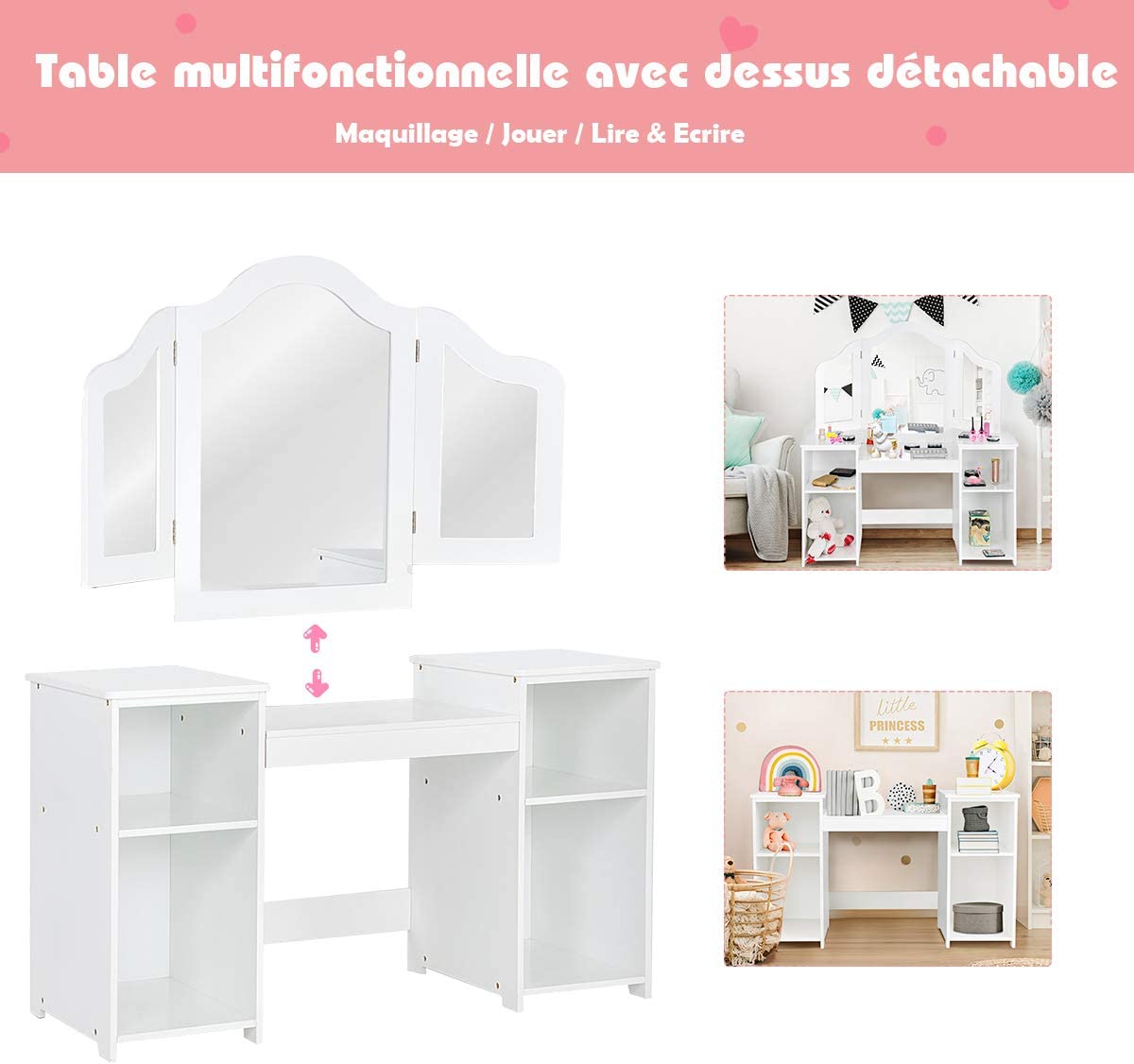 Costway Coiffeuse Pour Enfants 2 En 1 Avec Miroir Amovible, Bureau Enfant Avec 4 Étagères