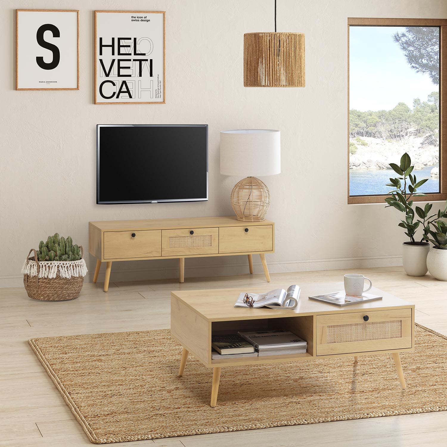 Meuble Tv Bella 3 Portes Couleur Chêne Avec Rotin Naturel