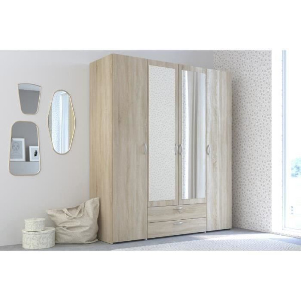 Armoire Varia Décor Chene 4 Portes Battantes + 2 Miroirs + 2
