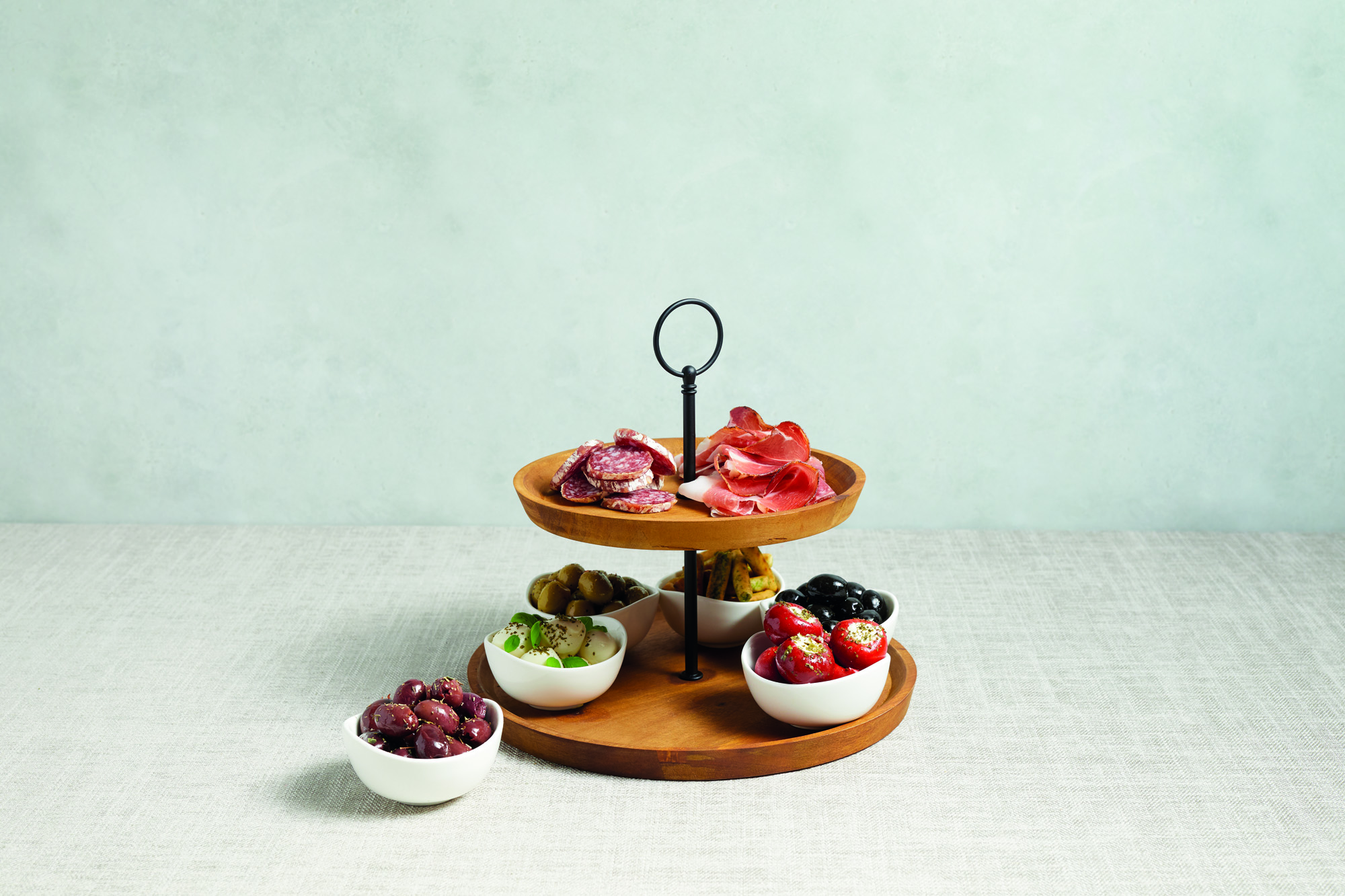 Artesà - Présentoir À Apéritifs Et Gâteaux À 2 Étages Circulaires, Avec 6 Bols En Porcelaine, 25 X 24 Cm - Marron/noir