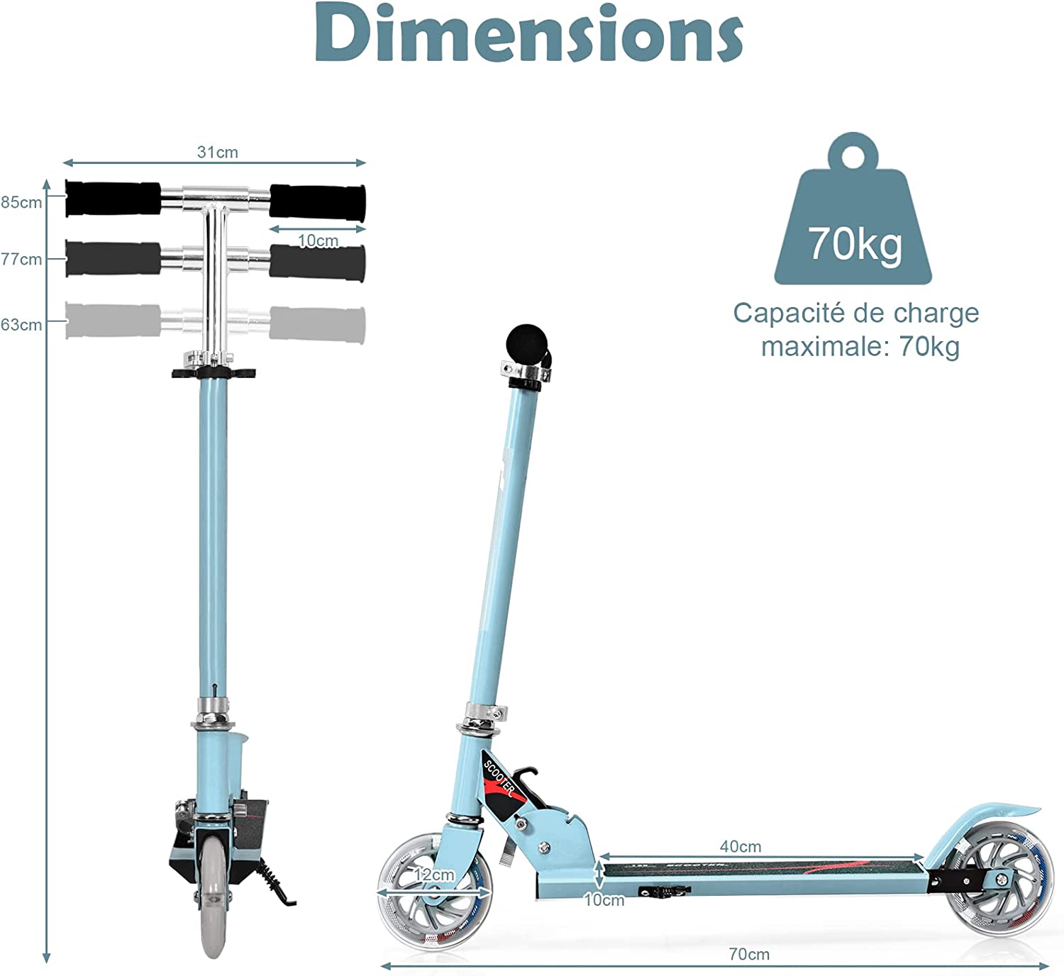 Costway Trottinette Enfant Pliable 2 Roues Patinette Pliante Enfant De 4 À 13 Ans Kick Avec Led