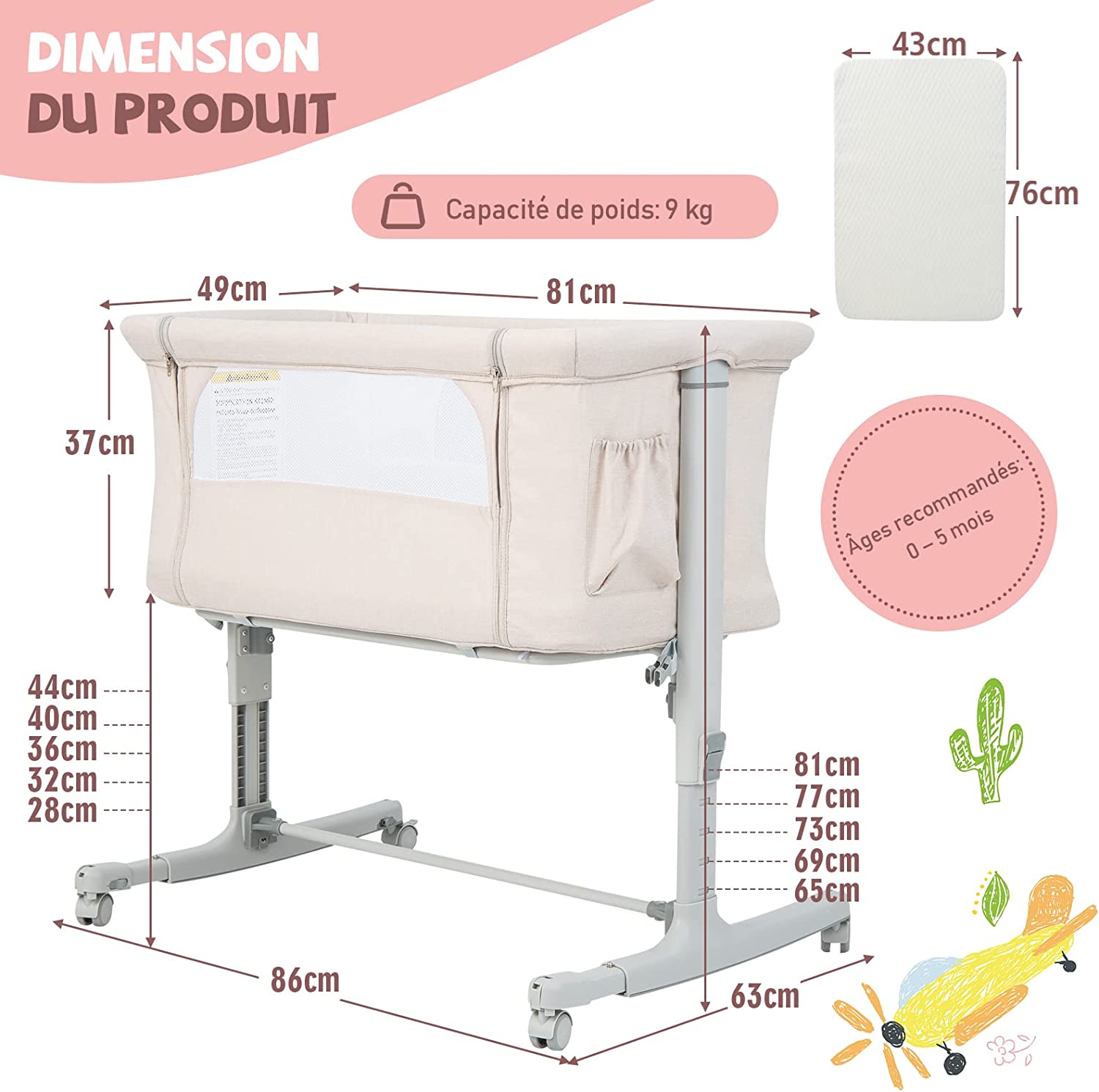 Lit Cododo Bébé 3 En 1 Avec Hauteur Réglable 5 Niveaux, Lit Berceau Inclinaison De 10° Avec Matelas Confortable