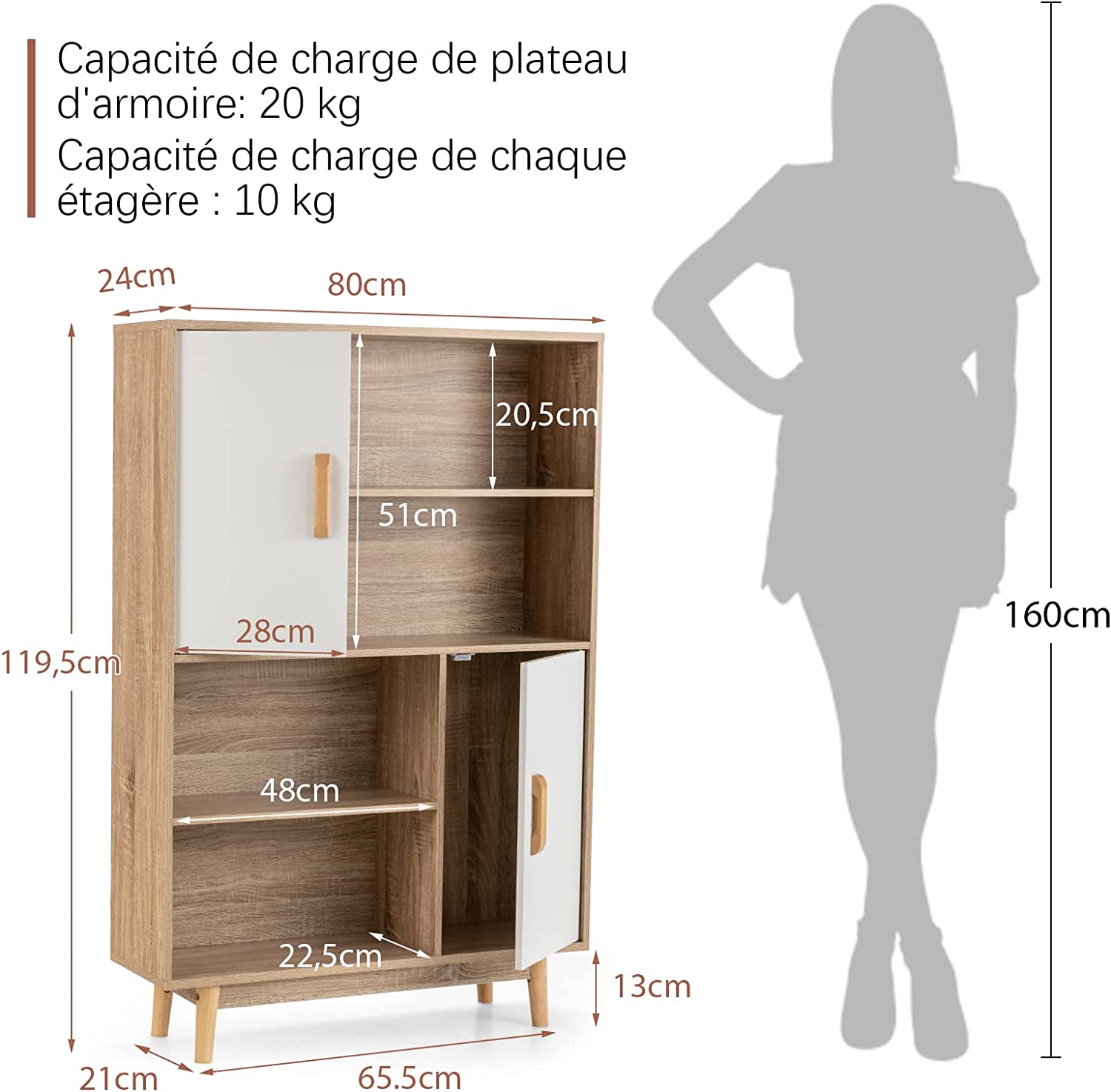 Costway Bibliothèque, Étagère À 4 Niveaux Avec 2 Portes