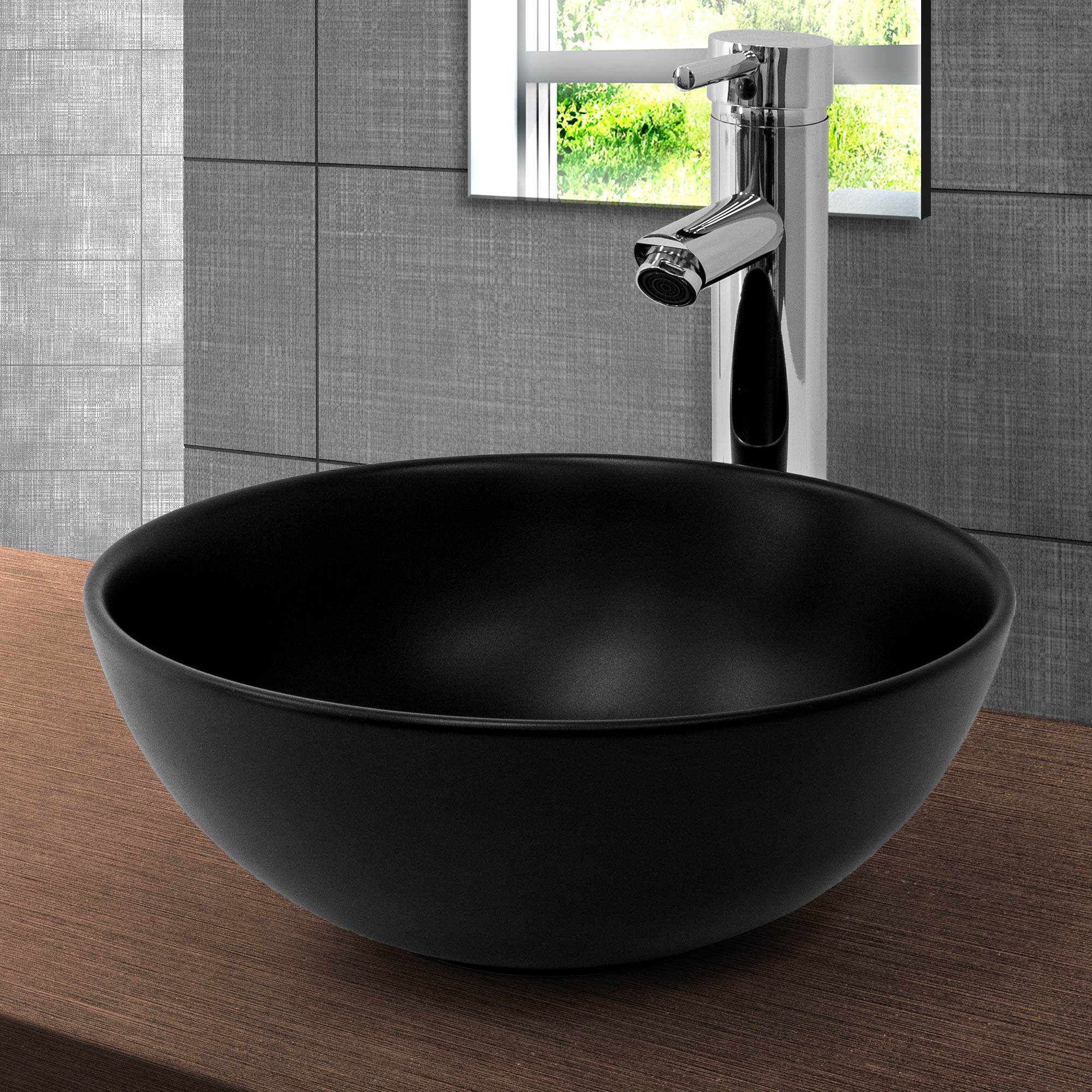 Lavabo Céramique Noir Avec Garniture De Vidage Lave-mains Moderne Ø 320 X 135 Mm