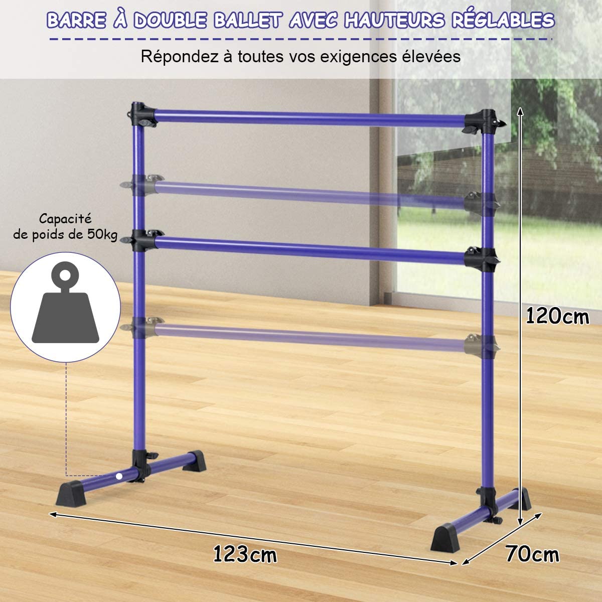 Costway  Double Barre De Danse Classique Pour Stretching Avec Barre Amovible Hauteur Réglable Charge Maximal 50kg