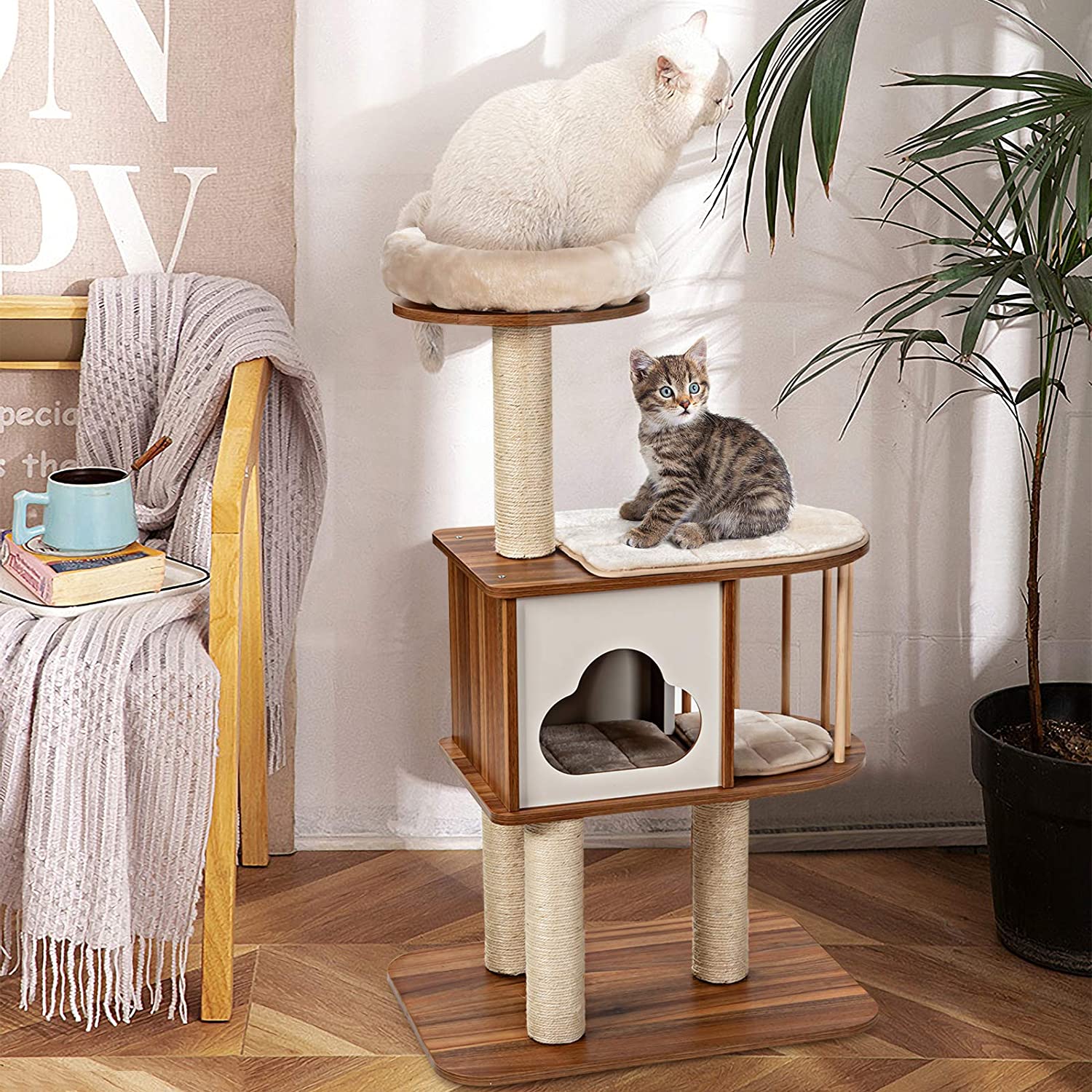 Costway  Arbre À C Hat Design Vesper H117cm En Bois Avec Plate-forme Griffoir