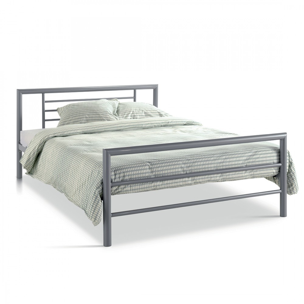 Lit En Métal Double Echo, 140x200 Cm, Gris Brillant Sommier Inclus