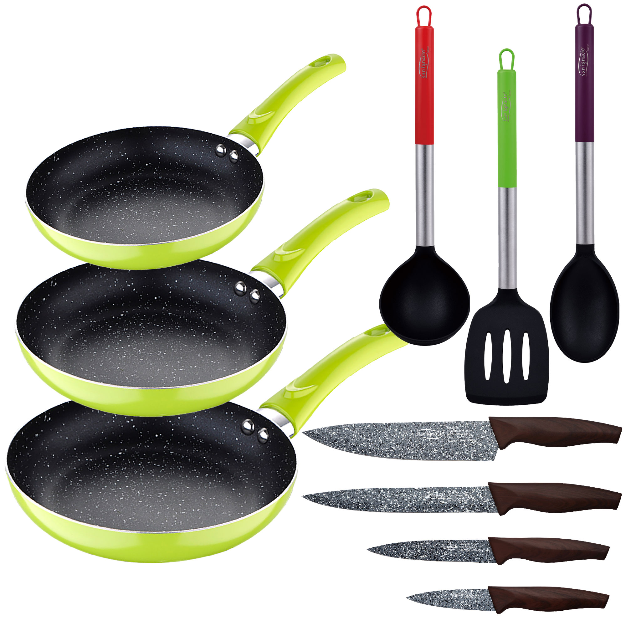 Set 3pc Poêle À Frire 20+24+28cm Aluminium Pressé Vert Avec Set 3pc Ustensiles De Cuisine Nylon Avec Set 4pc Couteaux
