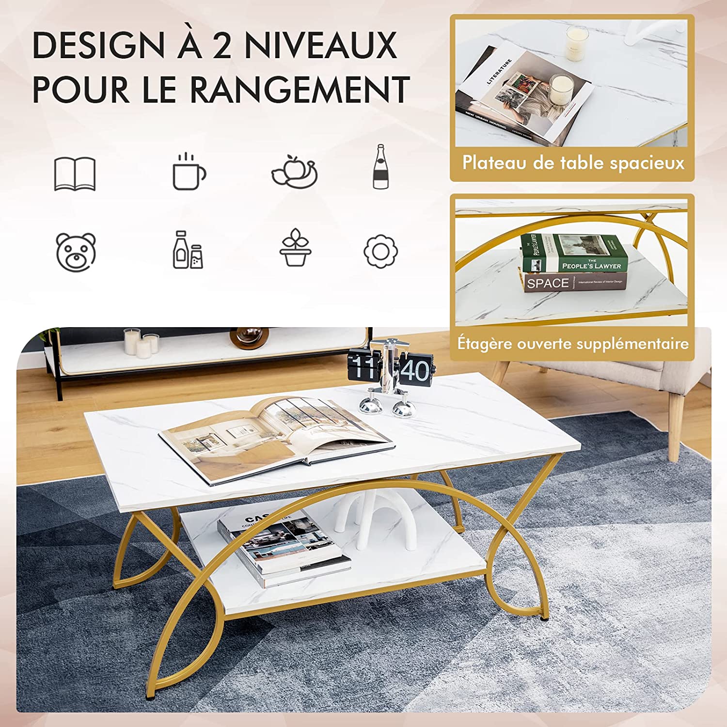 Costway Table Basse Imprimée Marbre À 2 Niveaux 100 X 50 X 45 Cm