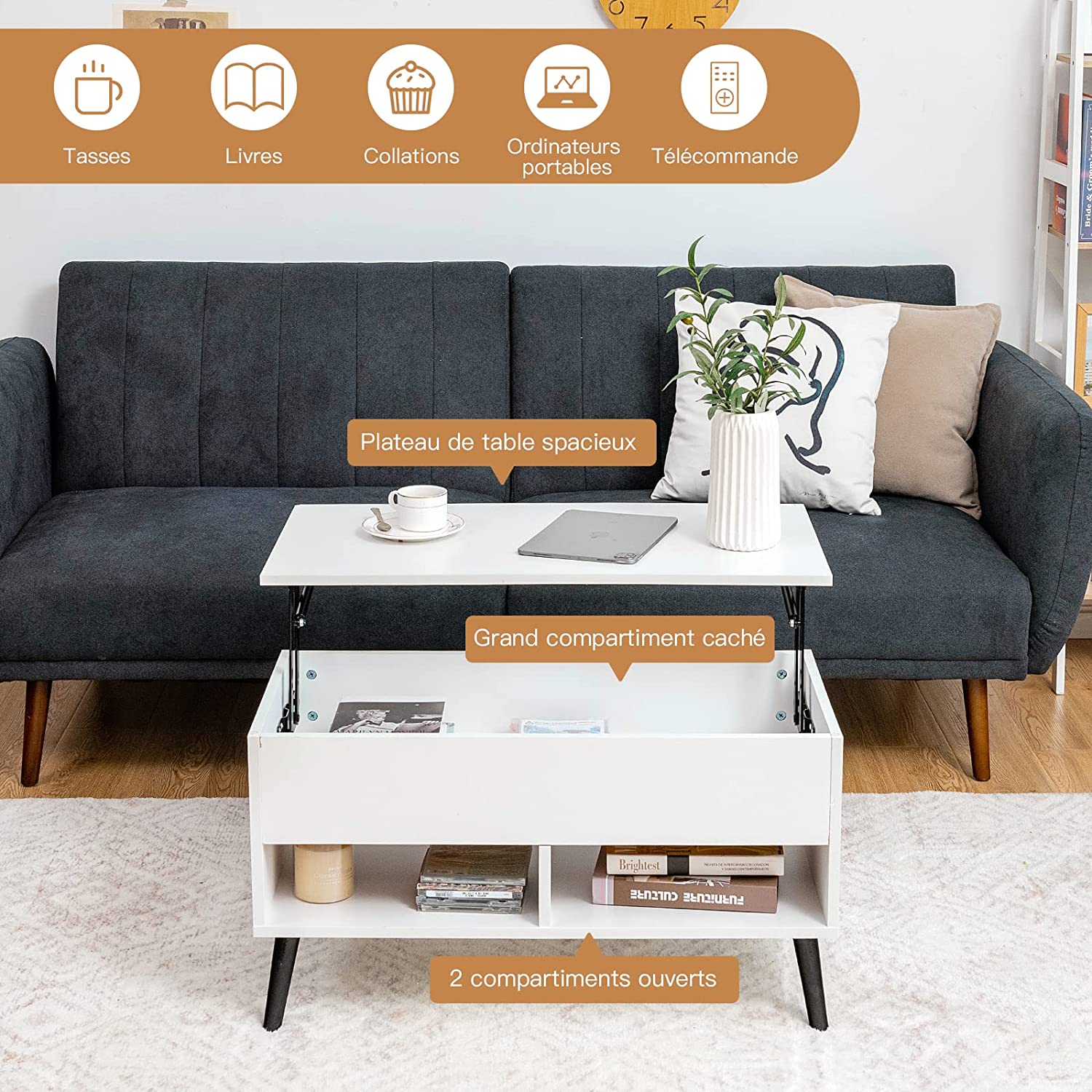 Table Basse Relevable, Avec Rangement Caché Et 2 Compartiments Ouverts ...
