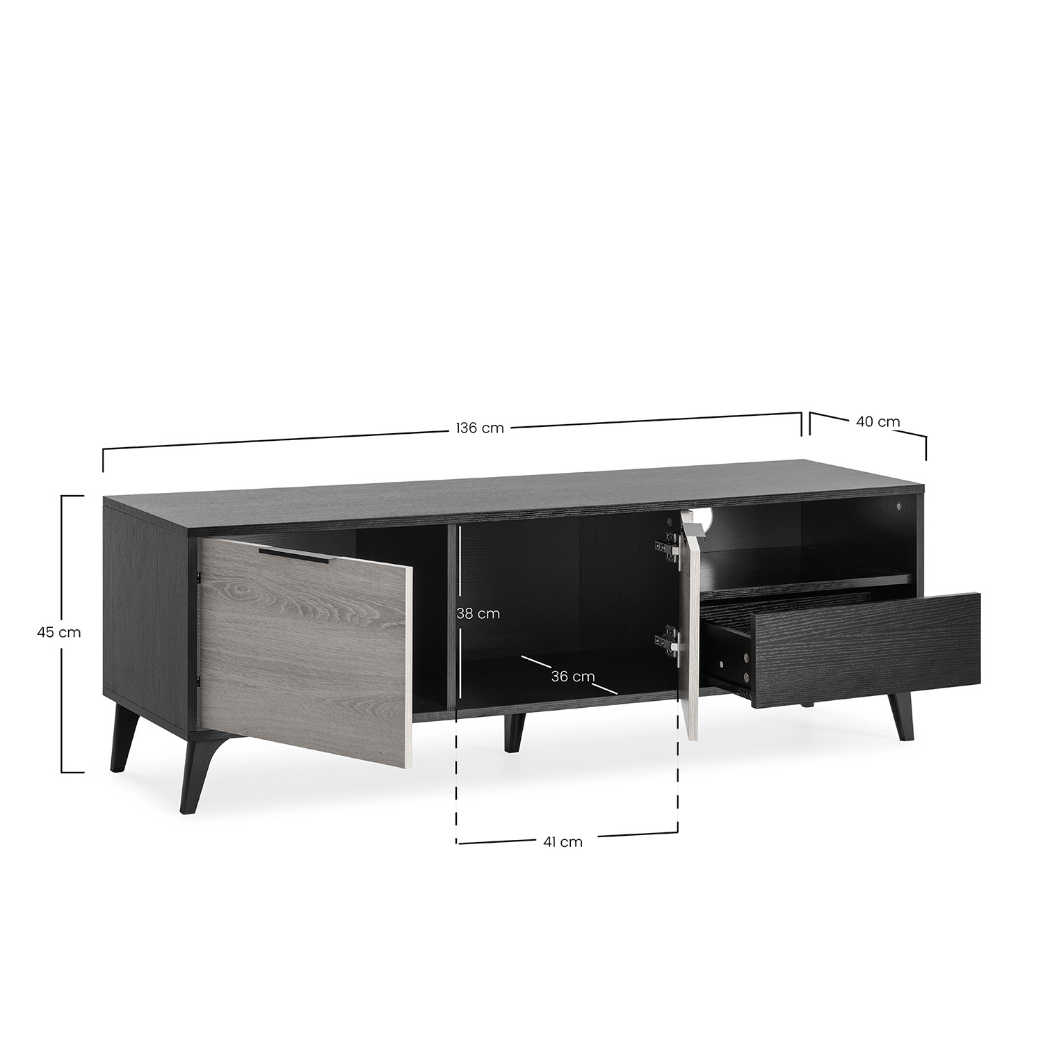Meuble Tv Kalma 2 Portes 1 Tiroir Noir/chêne, Longueur 136 Cm