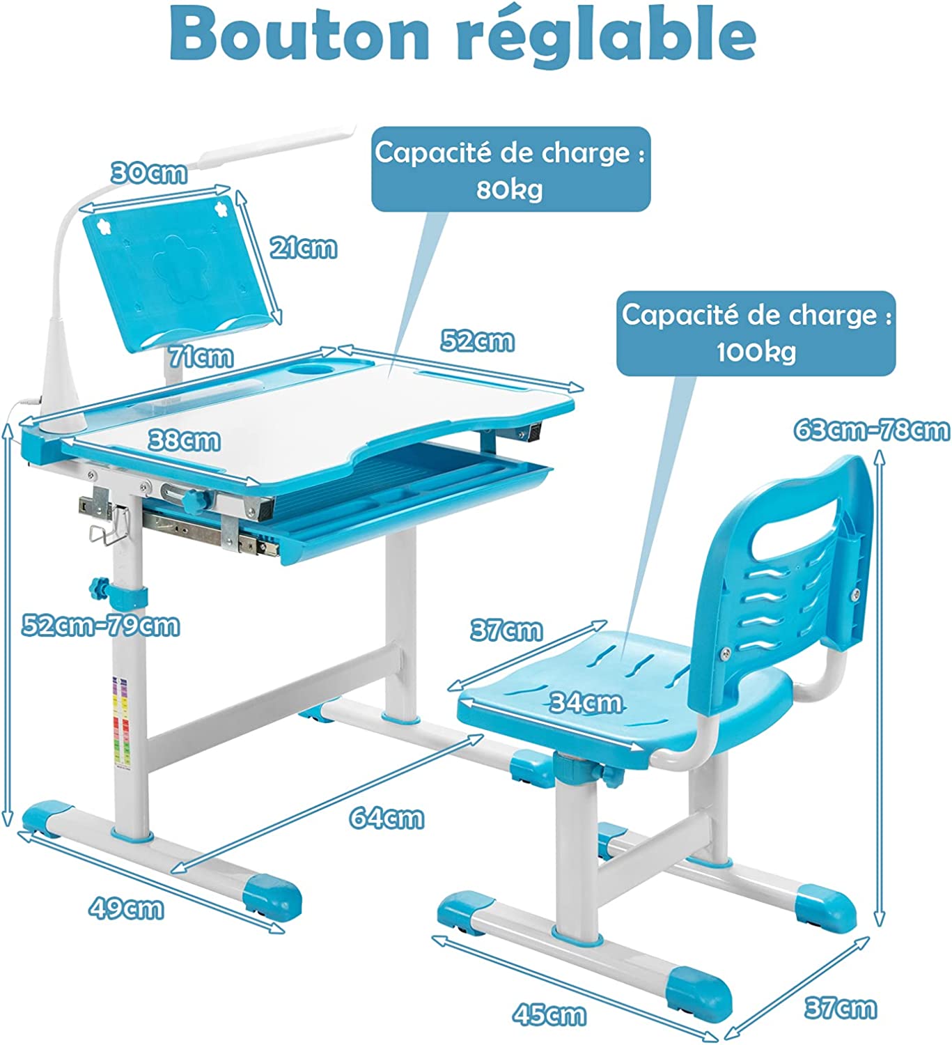 Ensemble Bureau Et Chaise Pour Enfants Avec Éclairage Led, Plateau Incliné Et Tiroir Coulissant