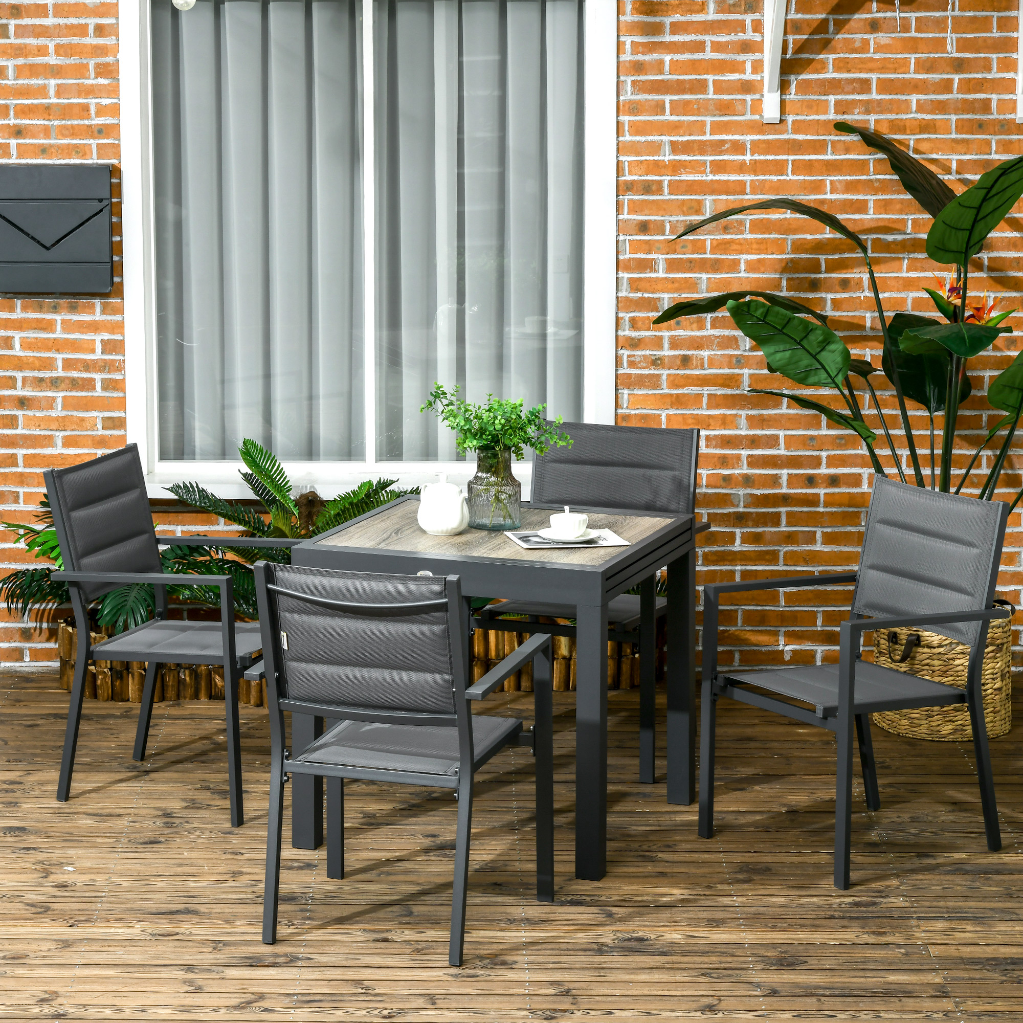 Salon De Jardin 5 Pièces Pliable - 4 Chaises + Table Verre Trempé - Textilène Gris