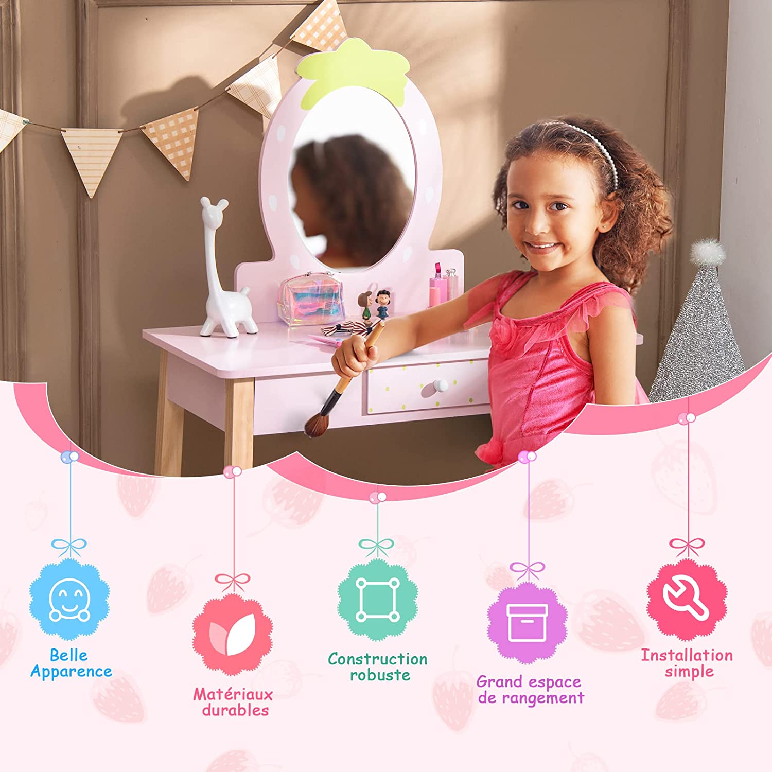 Coiffeuse Enfant Fille Avec Miroir Amovible, Table Maquillage 2 En 1 Avec Tabouret, Tiroir Et Peigne