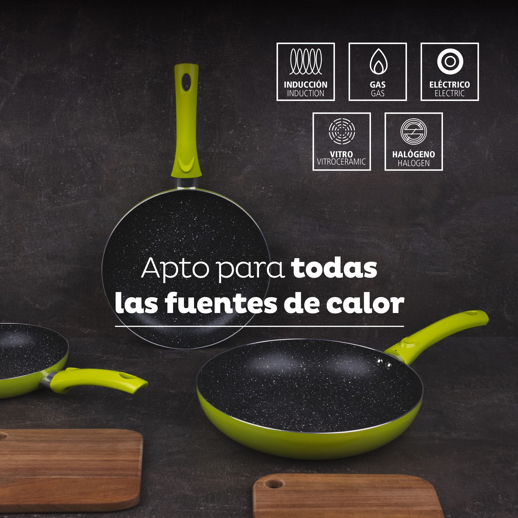 Set 3pc Poêle À Frire 20+24+28cm Aluminium Pressé Vert Avec Set 3pc Ustensiles De Cuisine Nylon Avec Set 4pc Couteaux