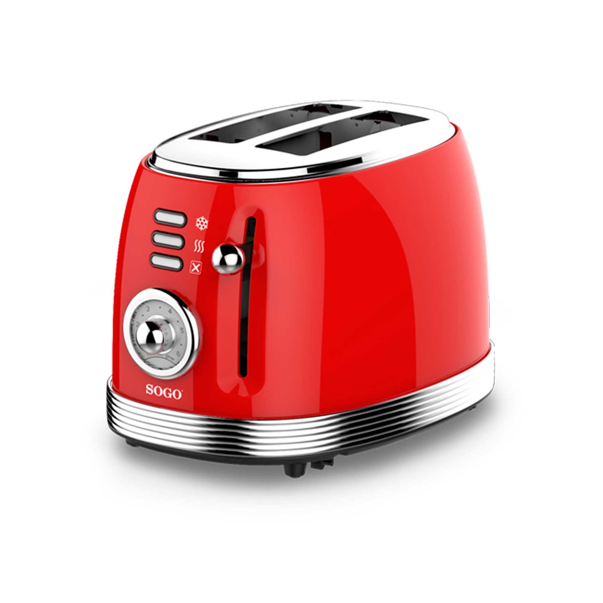 Image of SOGO Tostapane 2 Fette Rosso 850W – Design Retrò, 6 Livelli, Scongelamento, Riscaldamento, Spegnimento Auto, Vassoio Briciole
