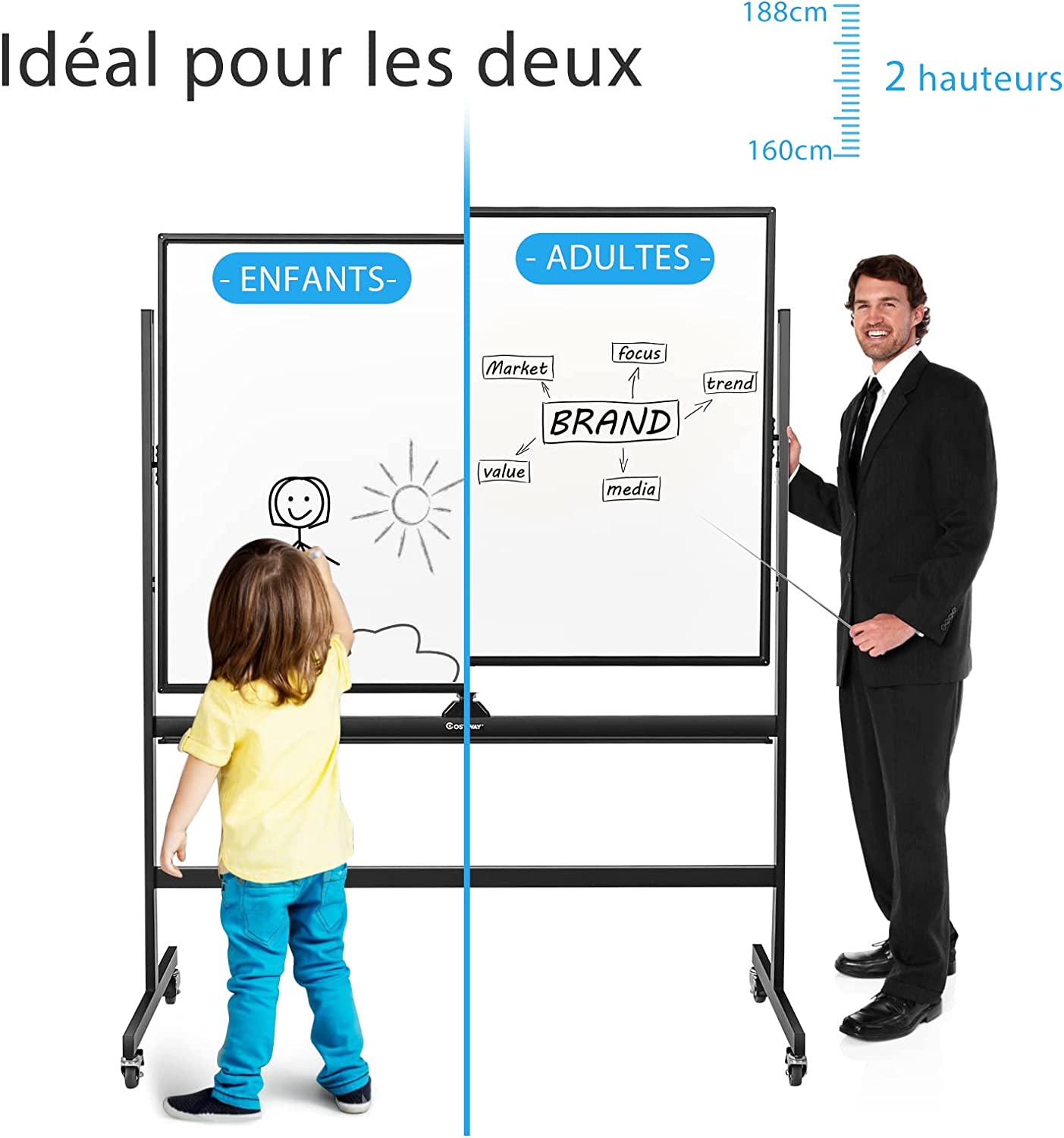Tableau Blanc Magnétique 90x120cm Réversible À 360° Réglable