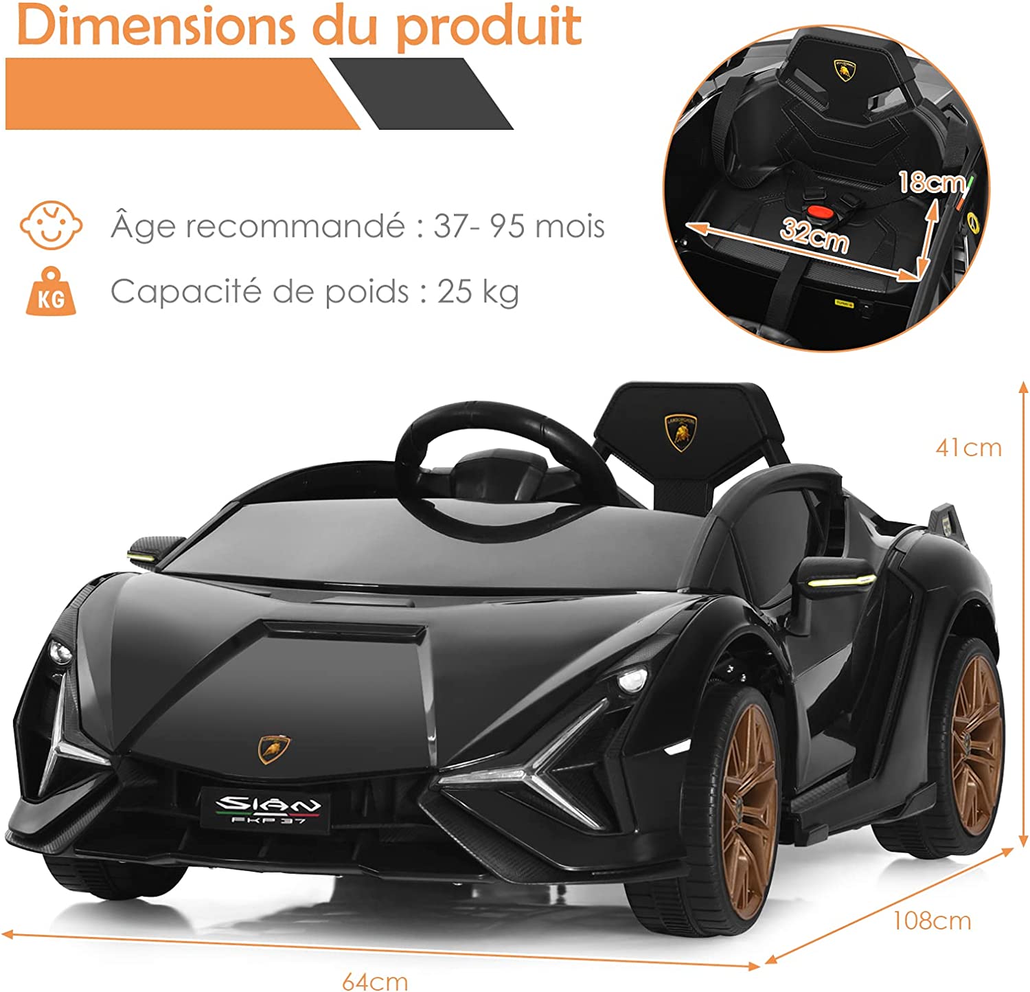 Voiture De Sport Électrique 12v Pour Enfants 3-8ans, 2 Portes Papillons
