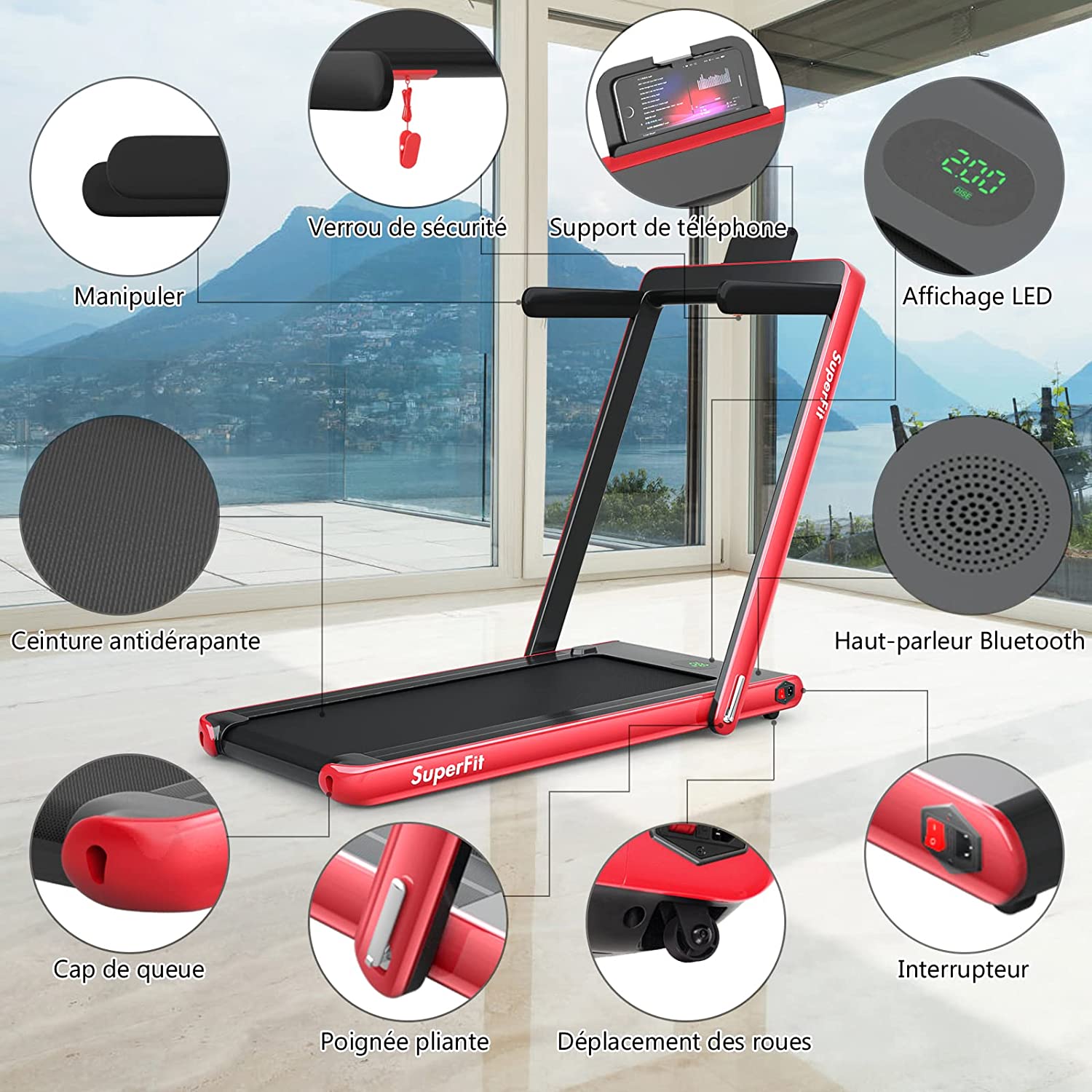 Costway Tapis De Course Electrique Pliable, Moteur 600w, Vitesse Ajustable De 1 À 12 Km/h, Avec Haut-parleur Bluetooth