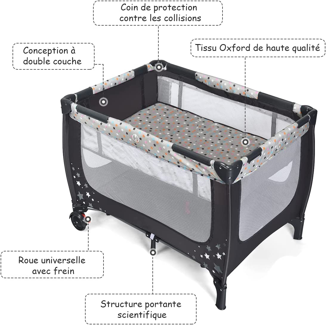Costway Lit Parapluie Pliant Bébé 0-36 Mois 3 En 1 Avec Matelas Roulettes Sac