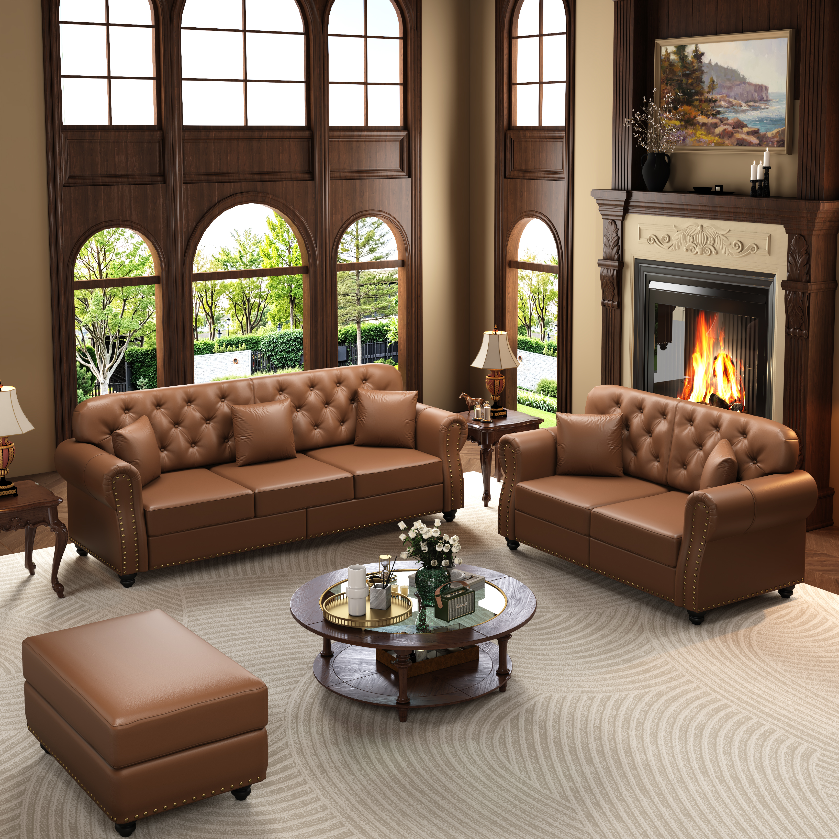 Ensemble salon esprit Chesterfield 5 places avec pouf en revêtement simili cuir...
