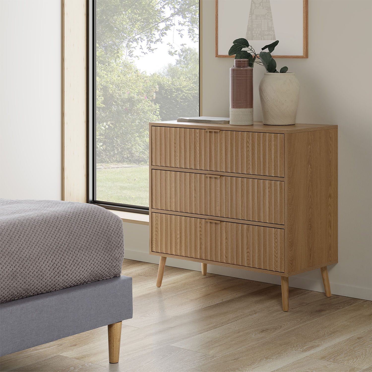 Commode De Nuit Lluvia 3 Tiroirs Coloris Chêne, Largeur 80 Cm