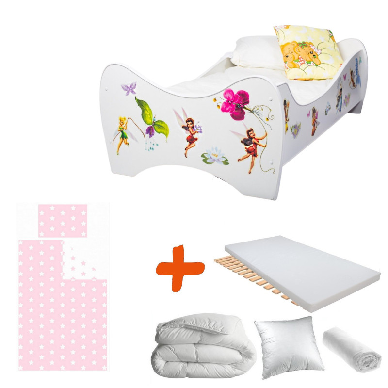 image: Image: Pack 8en1 Lit Junior Fee Clochette Disney Avec Matelas + Oreiller + Couette + Taie+ Housse De Couette +drap Housse