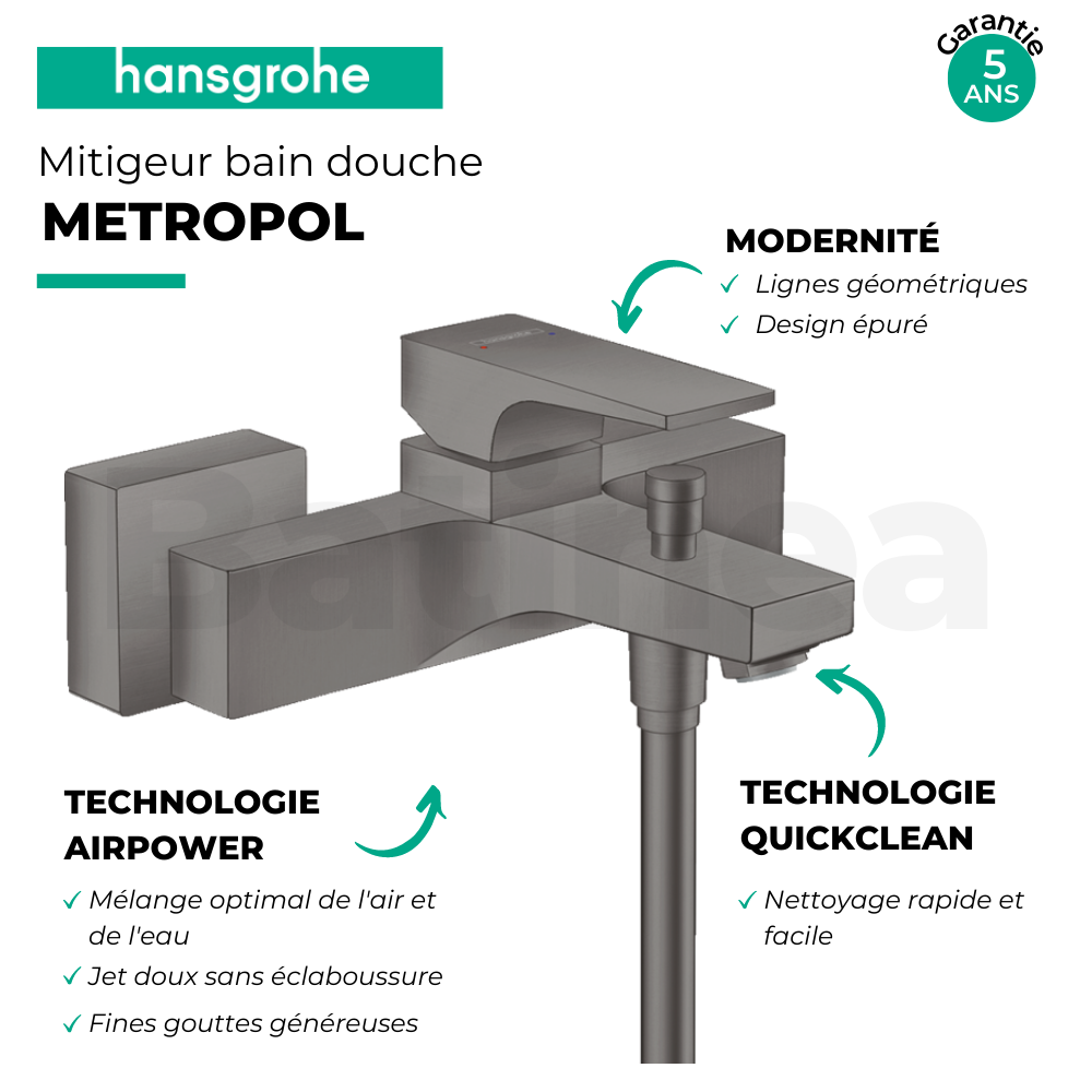 Mitigeur Bain Douche Mécanique Hansgrohe Metropol Noir Chromé Brossé