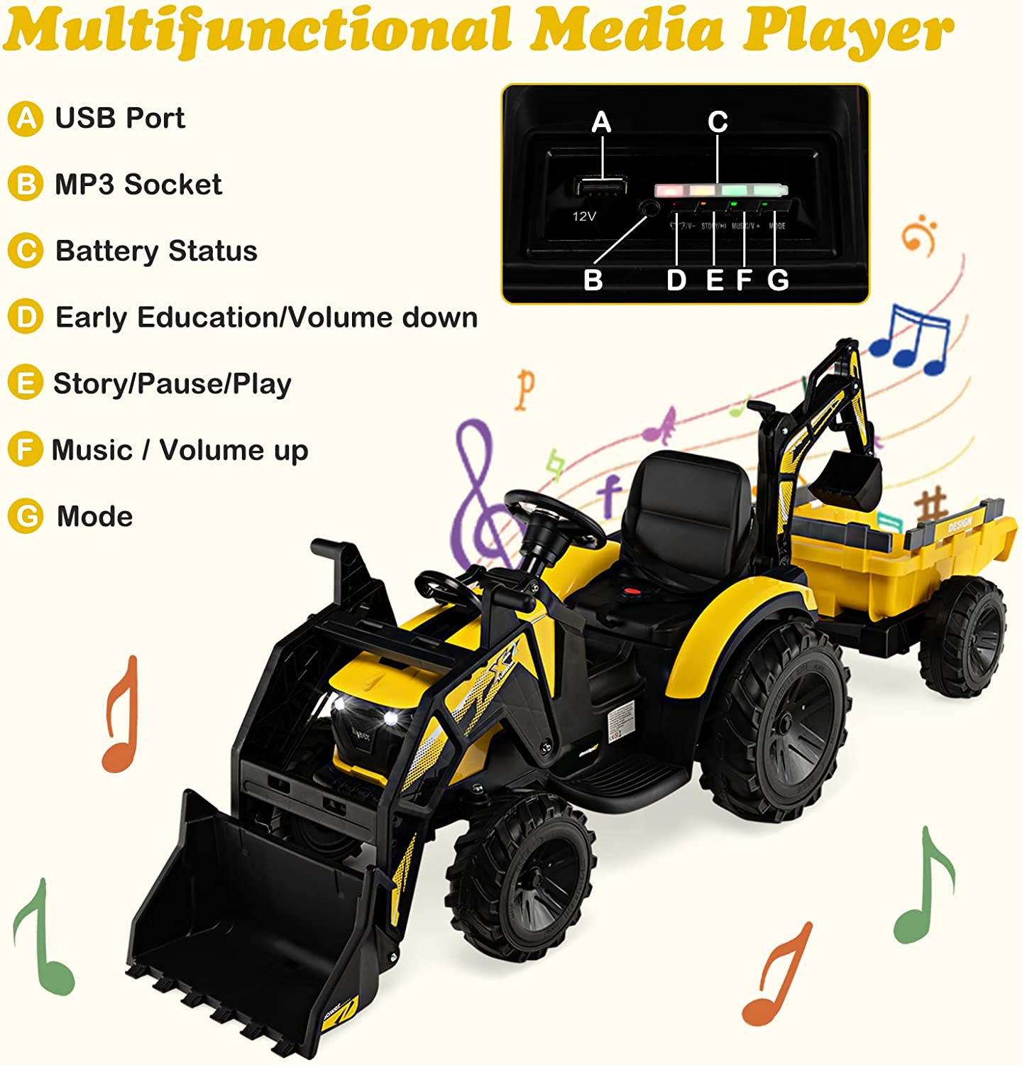 Tracteur Electrique 12 V Pour Enfants 3-5 Km/h Avec Télécommande, Remorque, Godet À Creuser/à Pelle