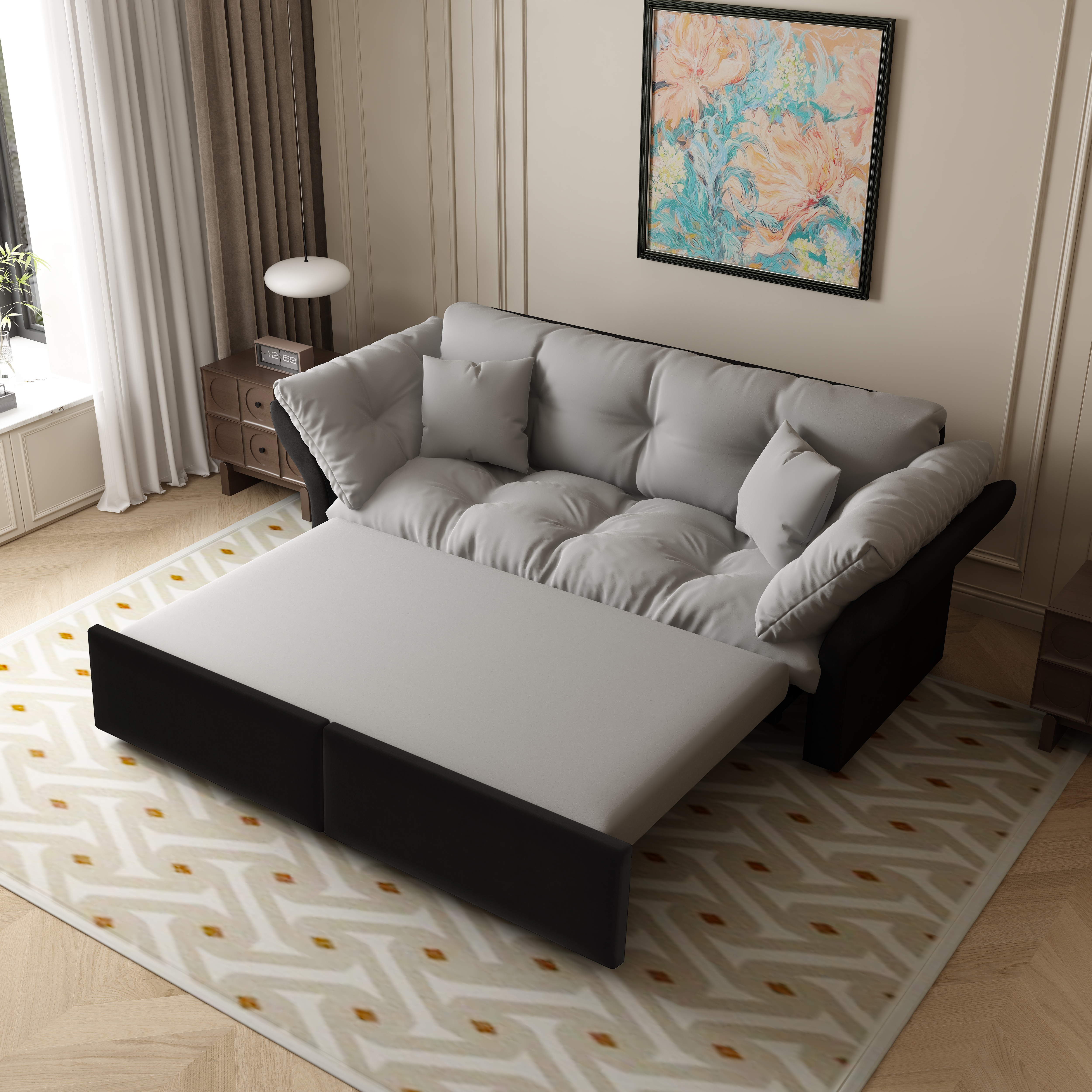 Canapé-lit 3 en 1 190 cm en velours gris avec lit gigogne et 2 coussins pour salon